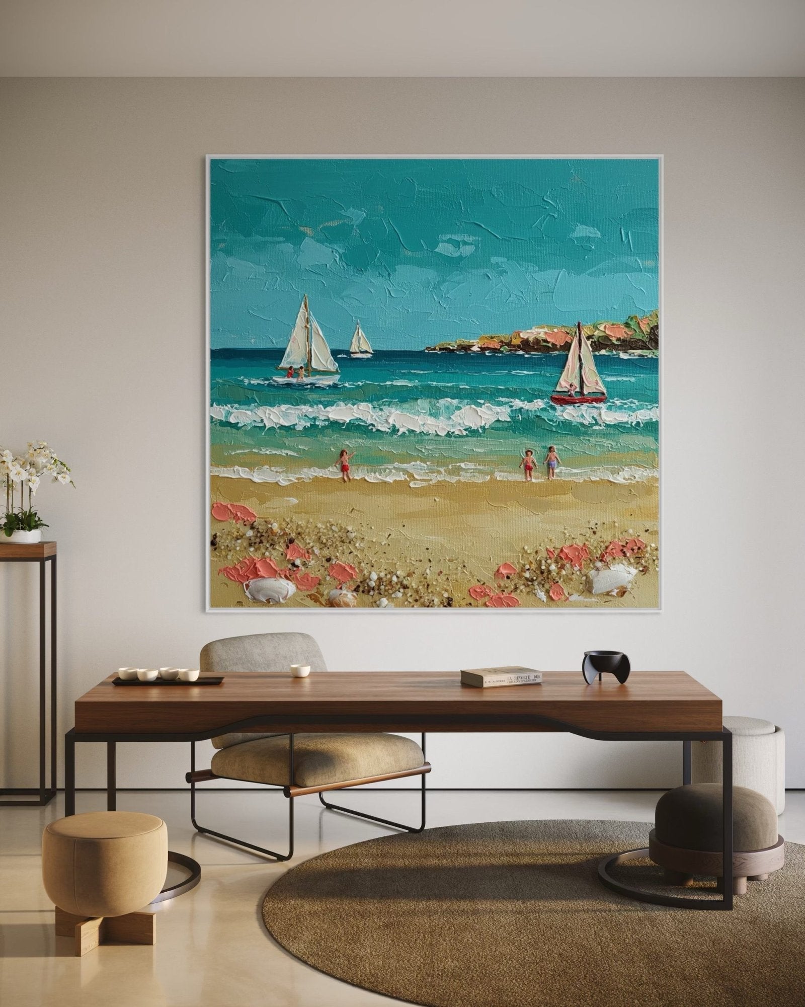 Summer Sail: A Charming Coastal Beach Canvas Painting with 3D Details