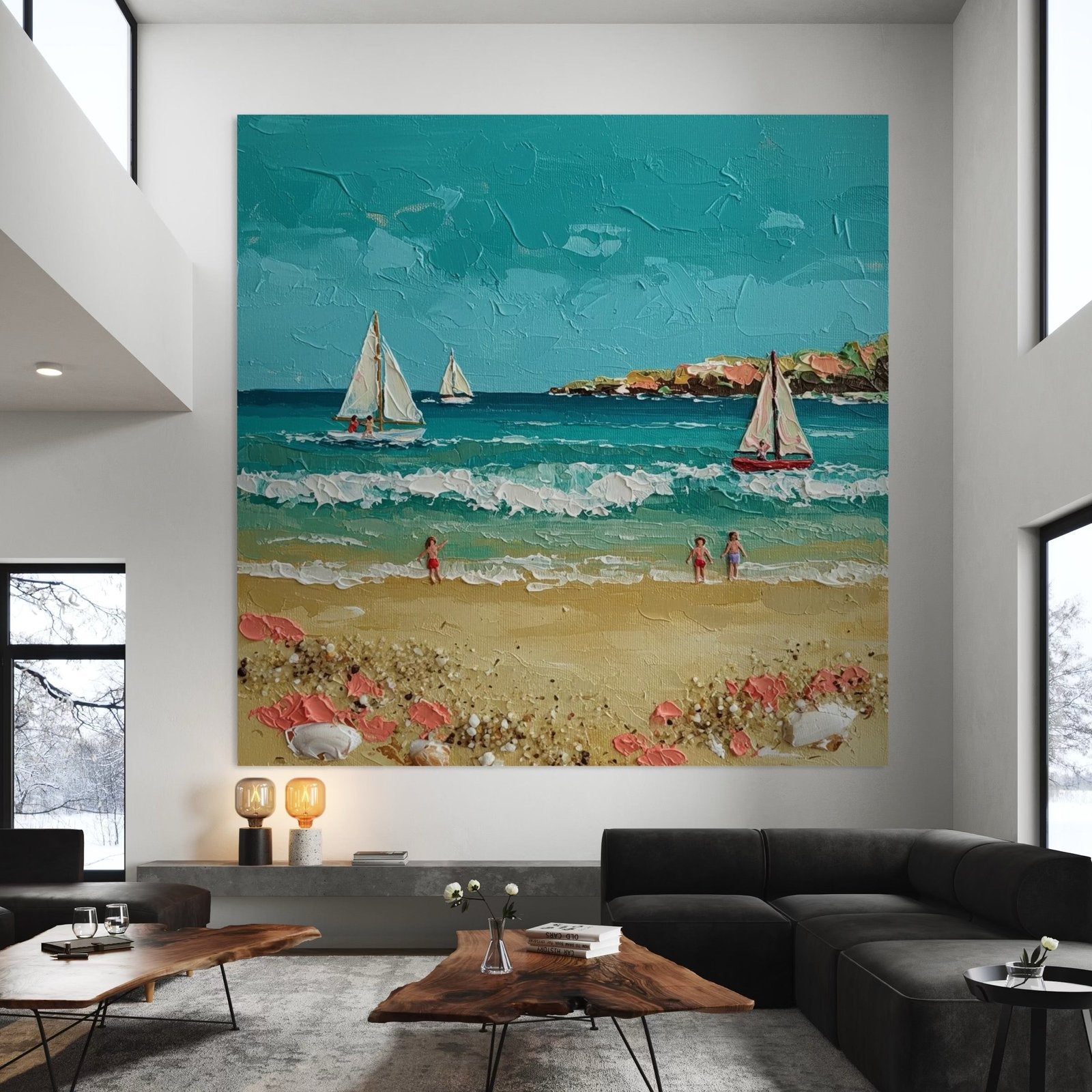 Summer Sail: A Charming Coastal Beach Canvas Painting with 3D Details