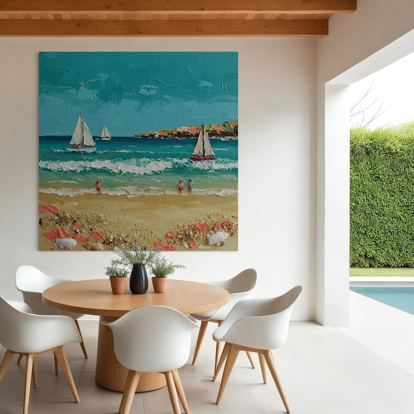 Summer Sail: A Charming Coastal Beach Canvas Painting with 3D Details