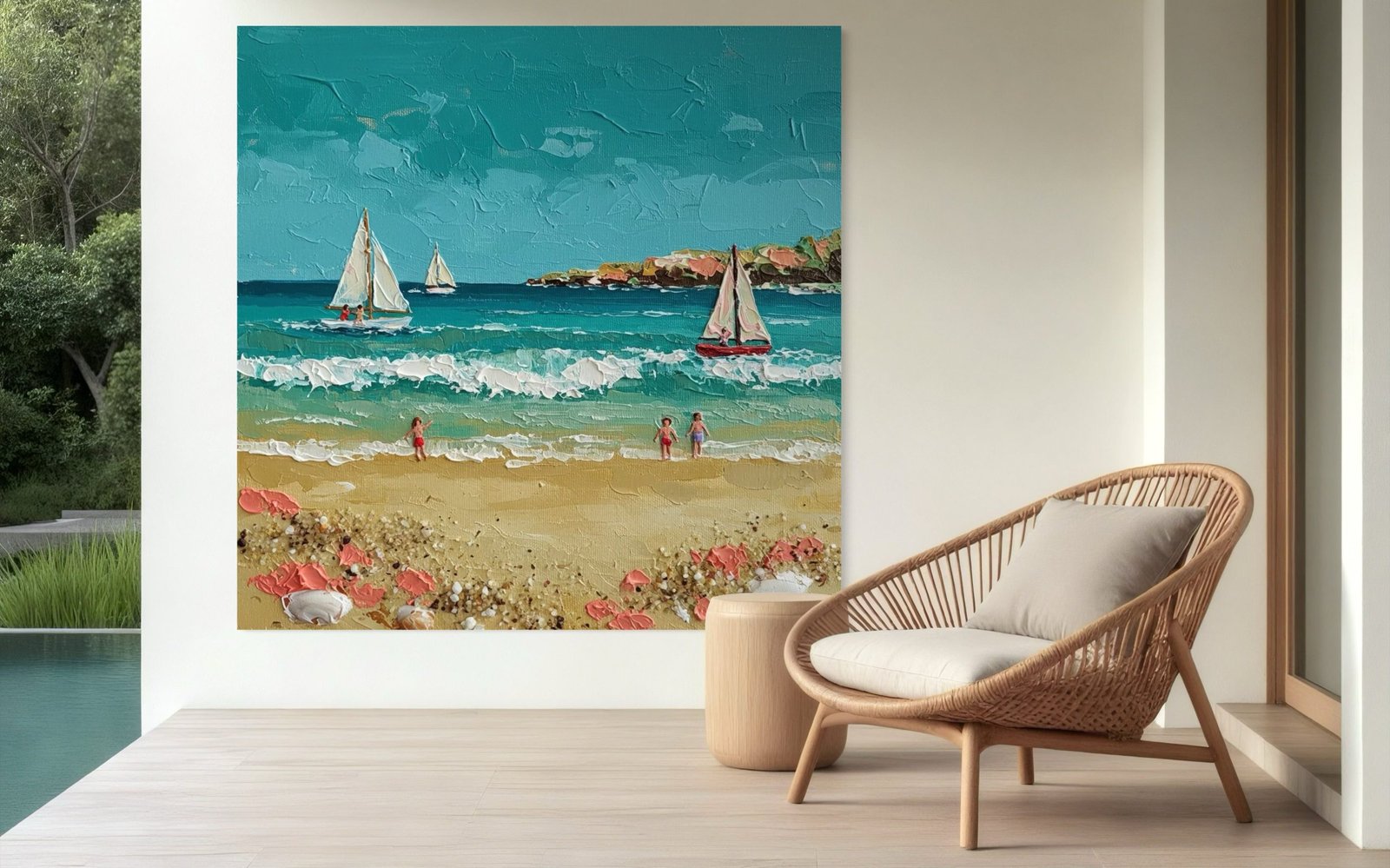 Summer Sail: A Charming Coastal Beach Canvas Painting with 3D Details