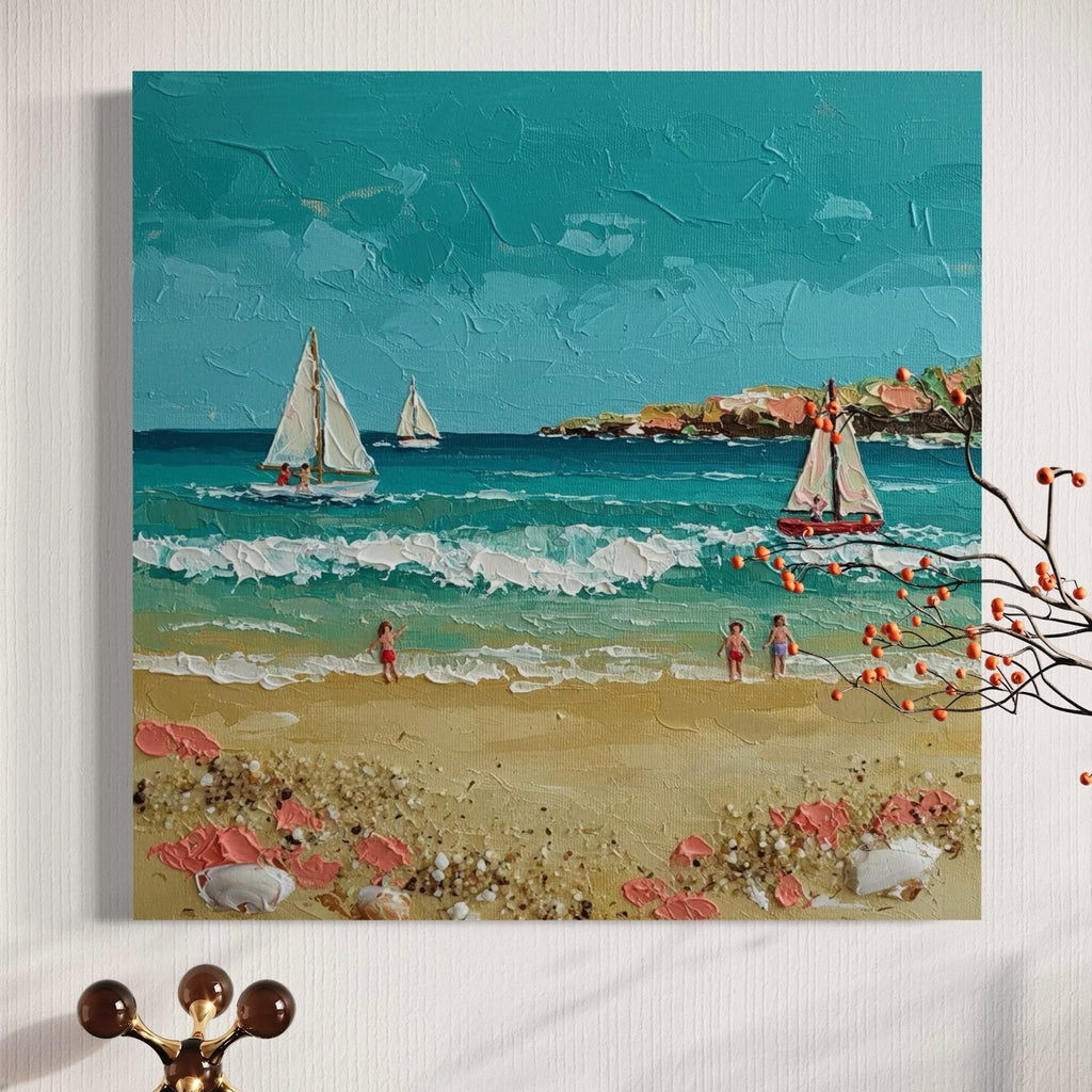 Summer Sail: A Charming Coastal Beach Canvas Painting with 3D Details