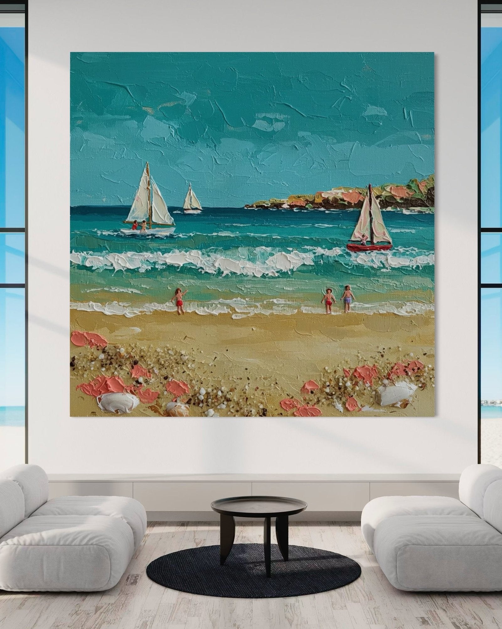 Summer Sail: A Charming Coastal Beach Canvas Painting with 3D Details