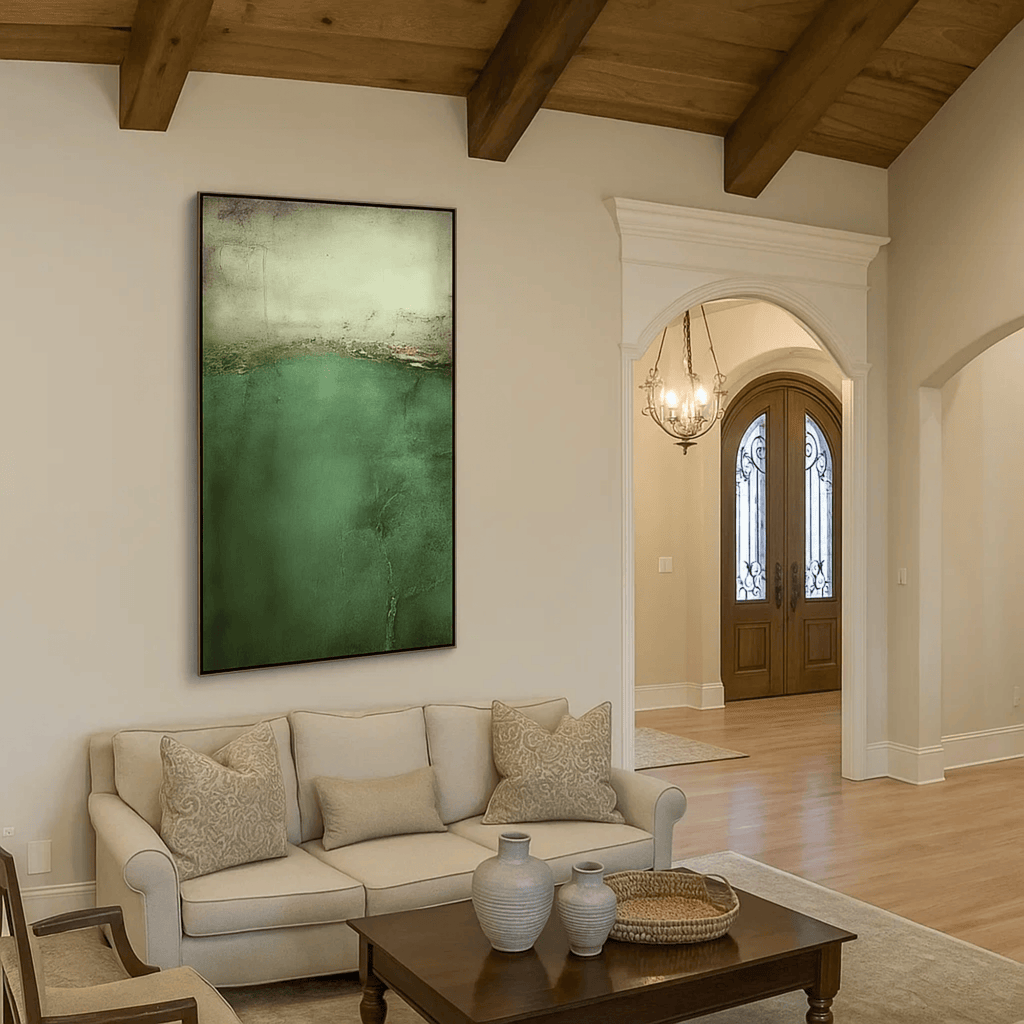 Emerald Green Abstract Wall Art, Vertical Textured Canvas for Living Room Decor