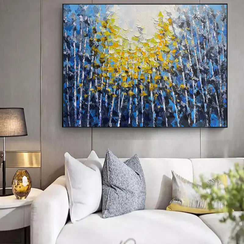 Golden Canopy Birch Forest Abstract Painting