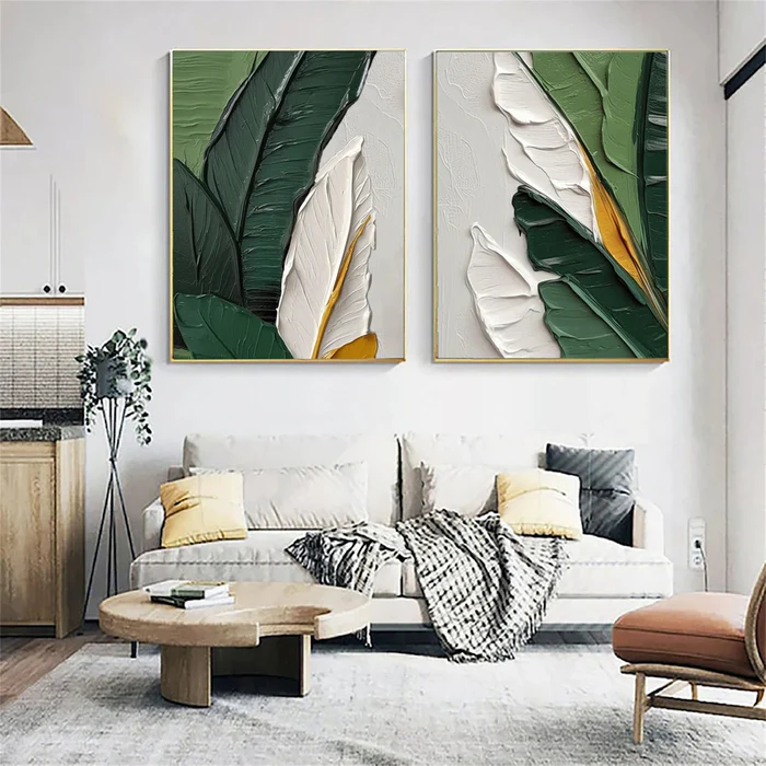 Verdant Harmony Leaf Textured Painting Set Set of 2