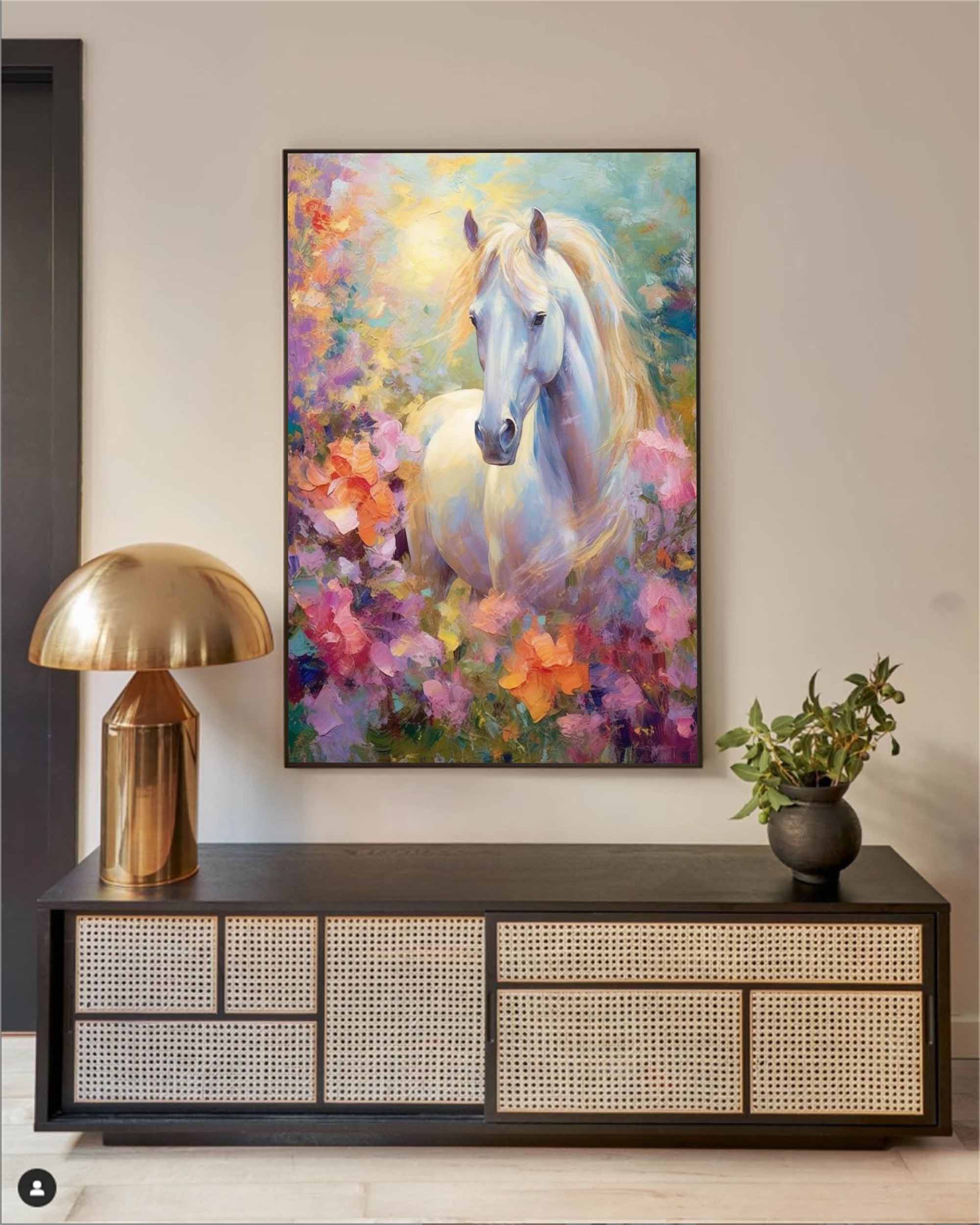 Floral Meadow: A Romantic Horse Wall Art for Bedroom Decor
