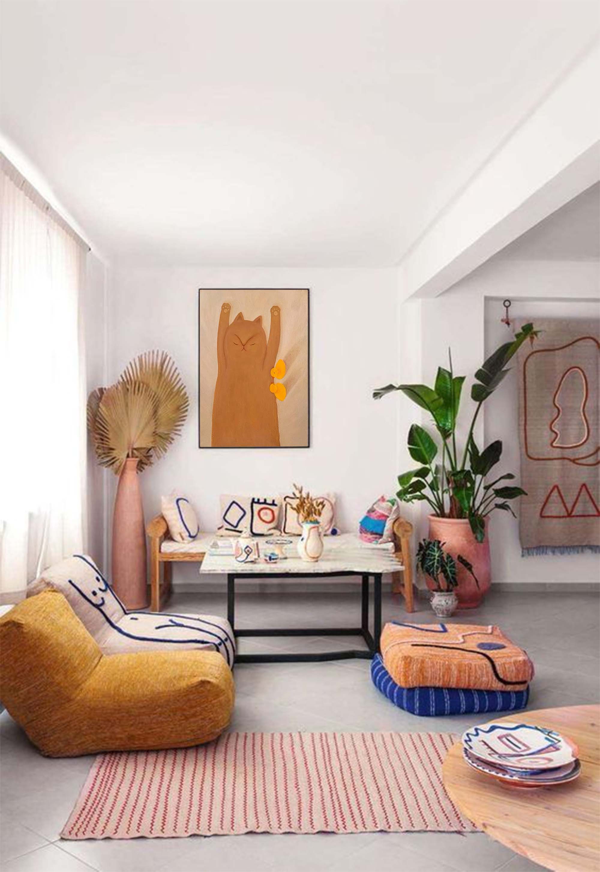 Morning Stretch: Whimsical Cat & Chicks Nursery Wall Art for Kids Room