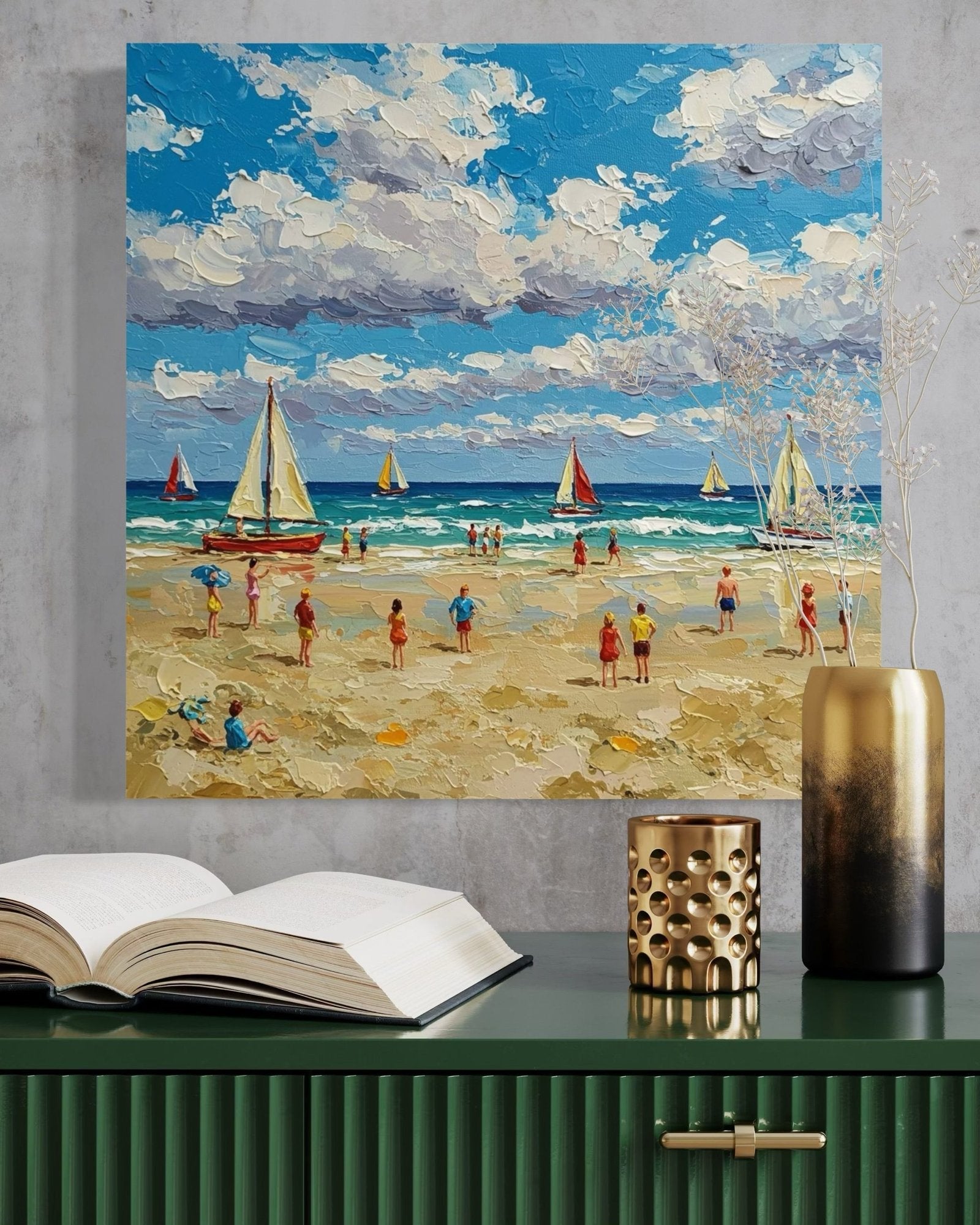Sun-Kissed Shore: A Lively Coastal Beach Canvas Painting