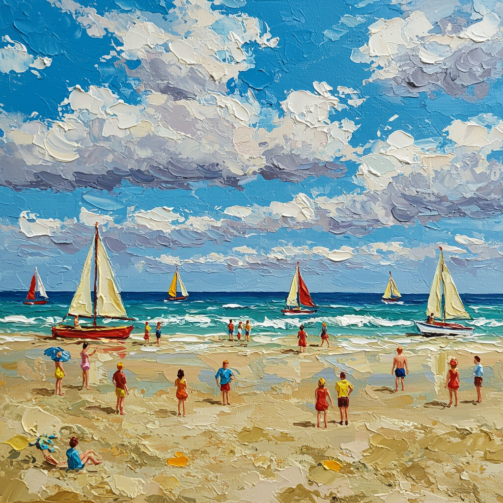 Sun-Kissed Shore: A Lively Coastal Beach Canvas Painting