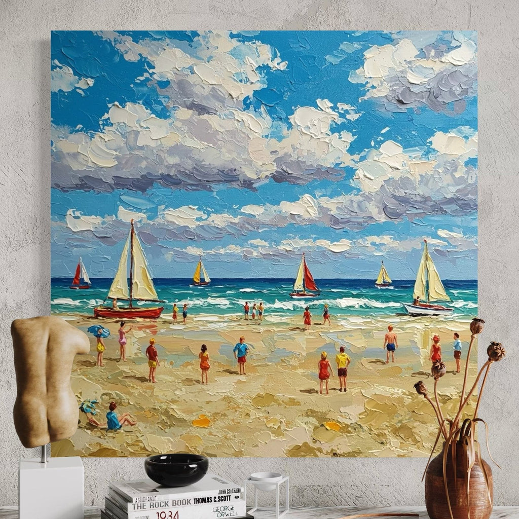 Sun-Kissed Shore: A Lively Coastal Beach Canvas Painting