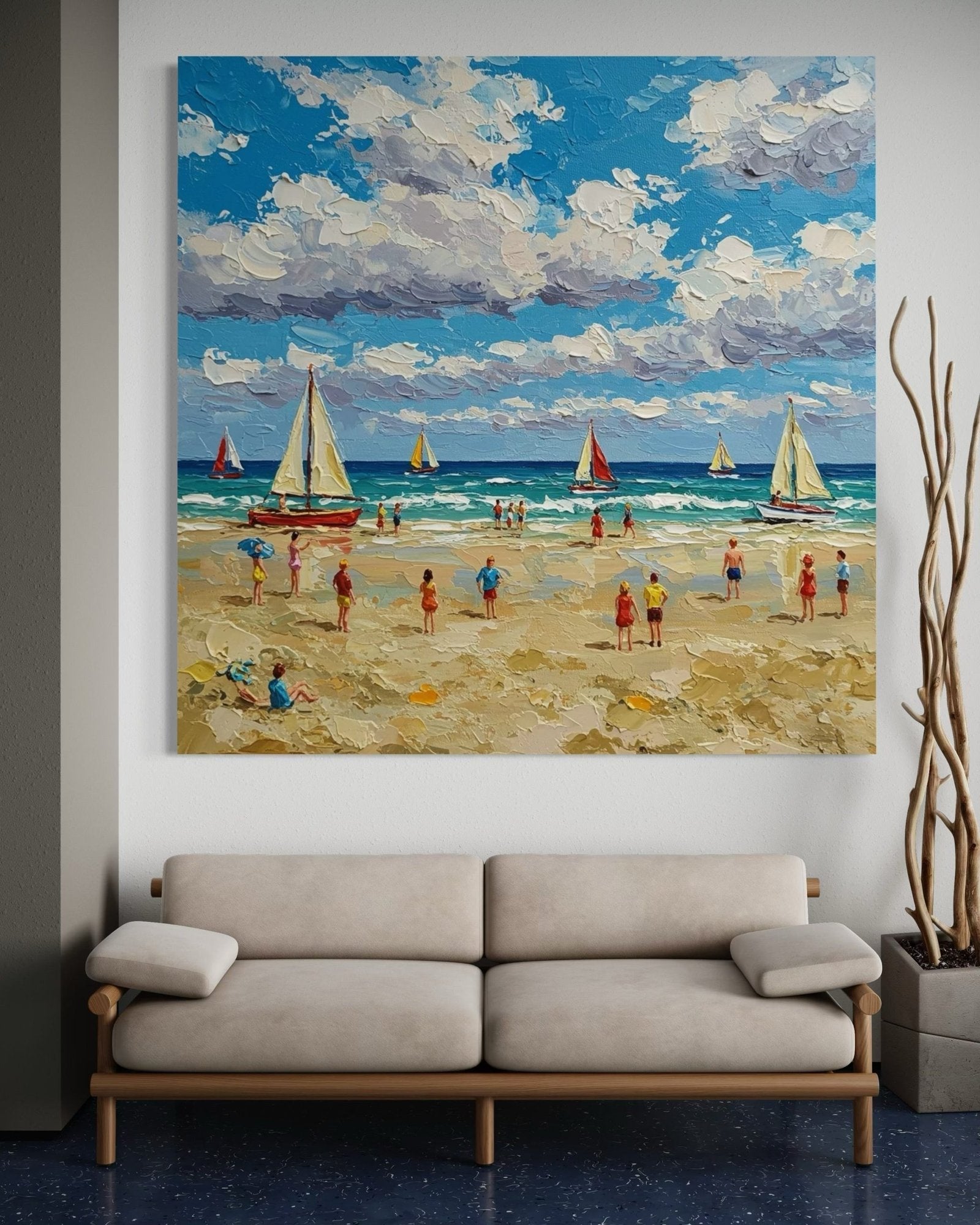 Sun-Kissed Shore: A Lively Coastal Beach Canvas Painting