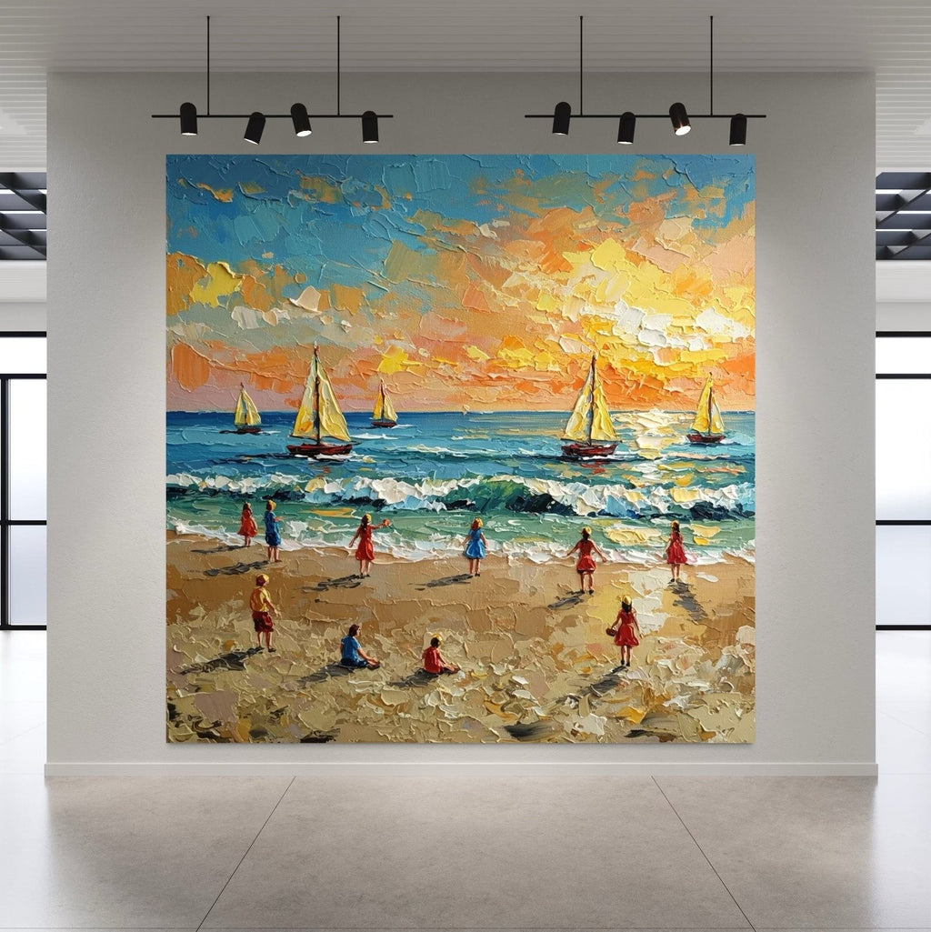 Golden Hour Play: A Vibrant Coastal Beach Canvas Painting