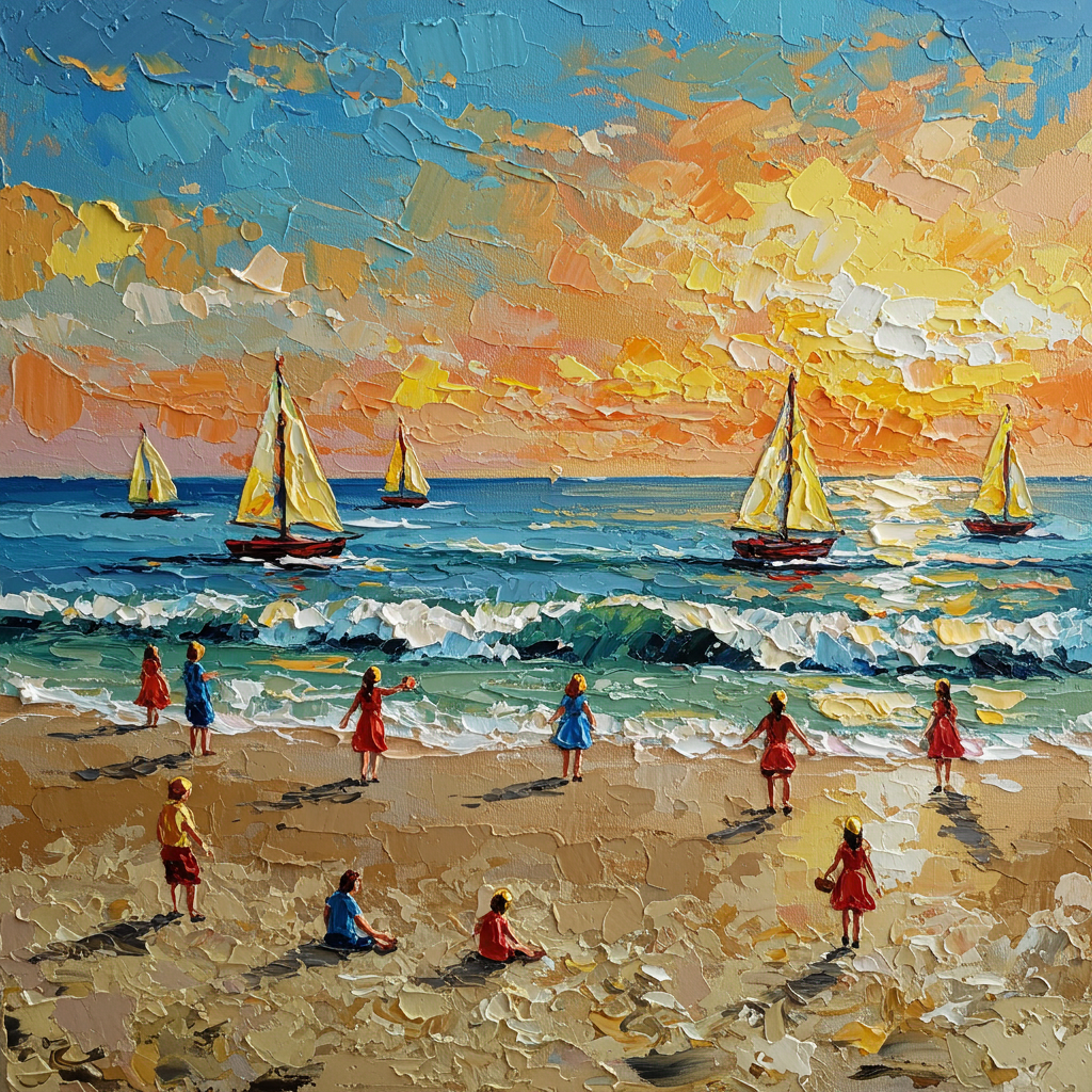 Golden Hour Play: A Vibrant Coastal Beach Canvas Painting