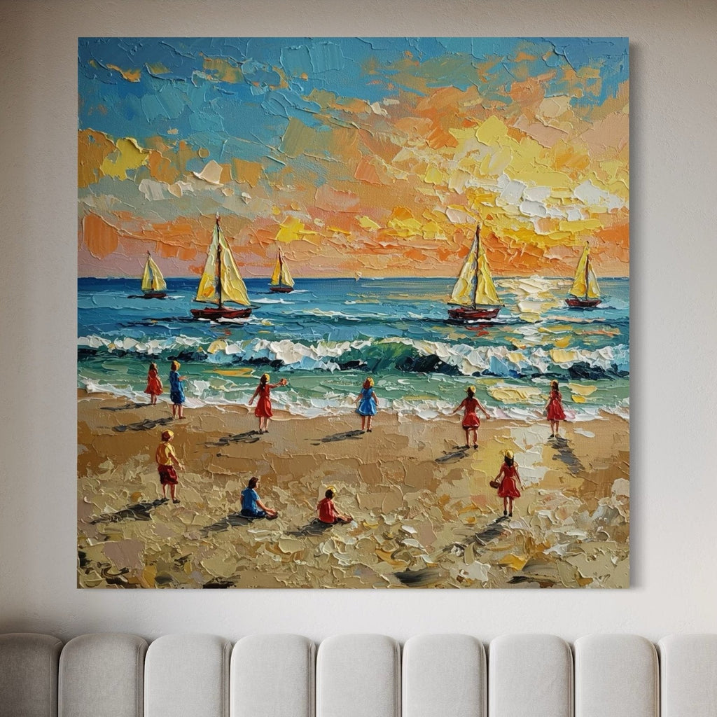 Golden Hour Play: A Vibrant Coastal Beach Canvas Painting