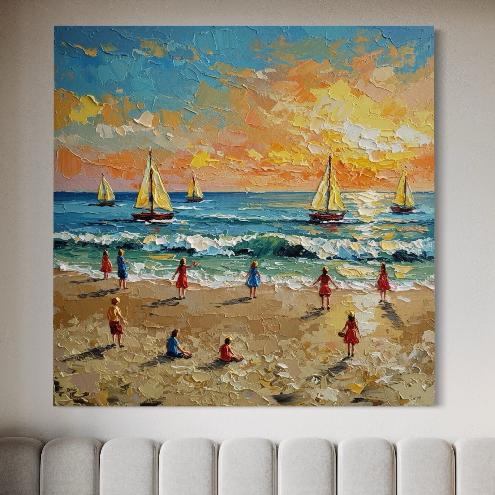 Golden Hour Play: A Vibrant Coastal Beach Canvas Painting