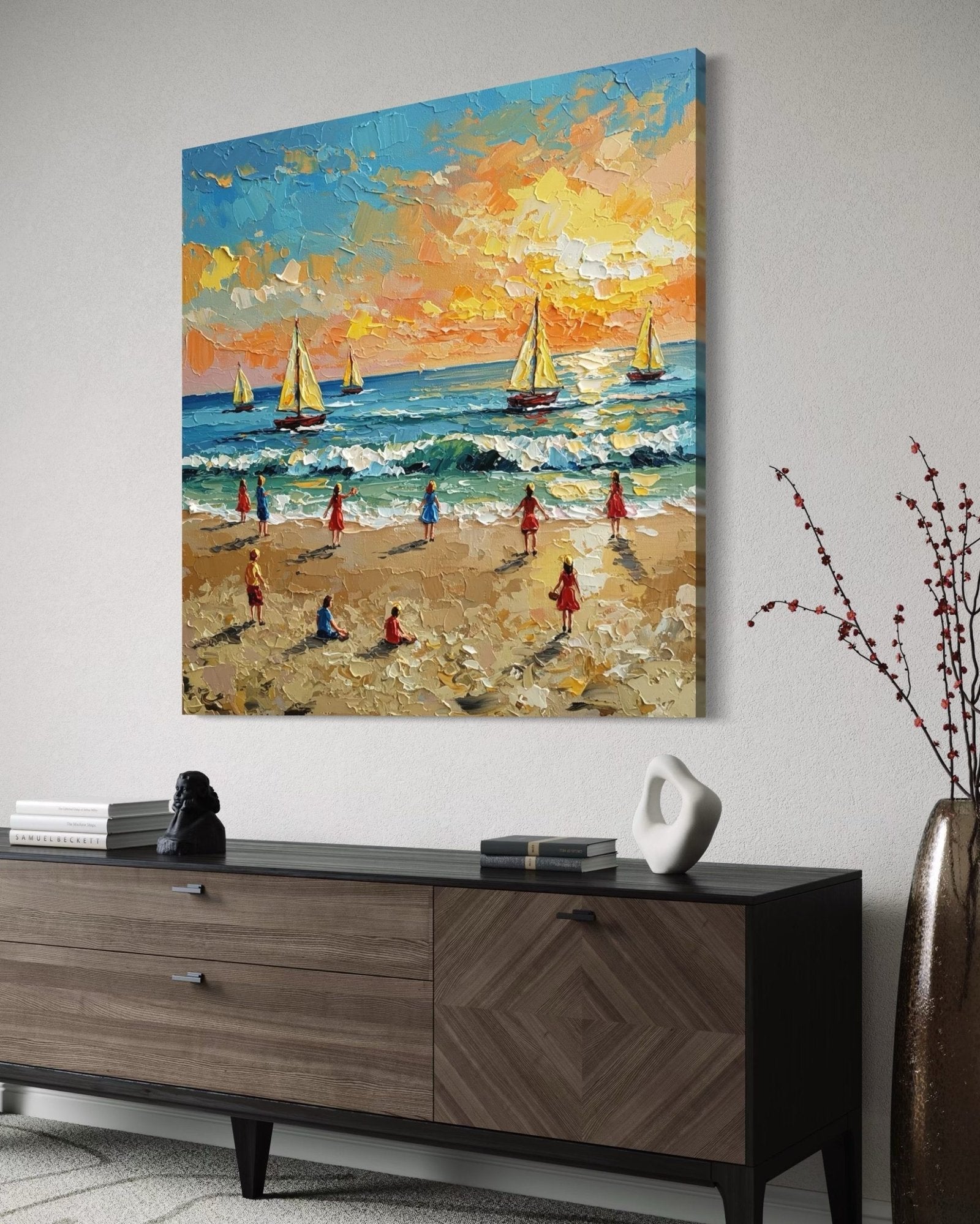 Golden Hour Play: A Vibrant Coastal Beach Canvas Painting