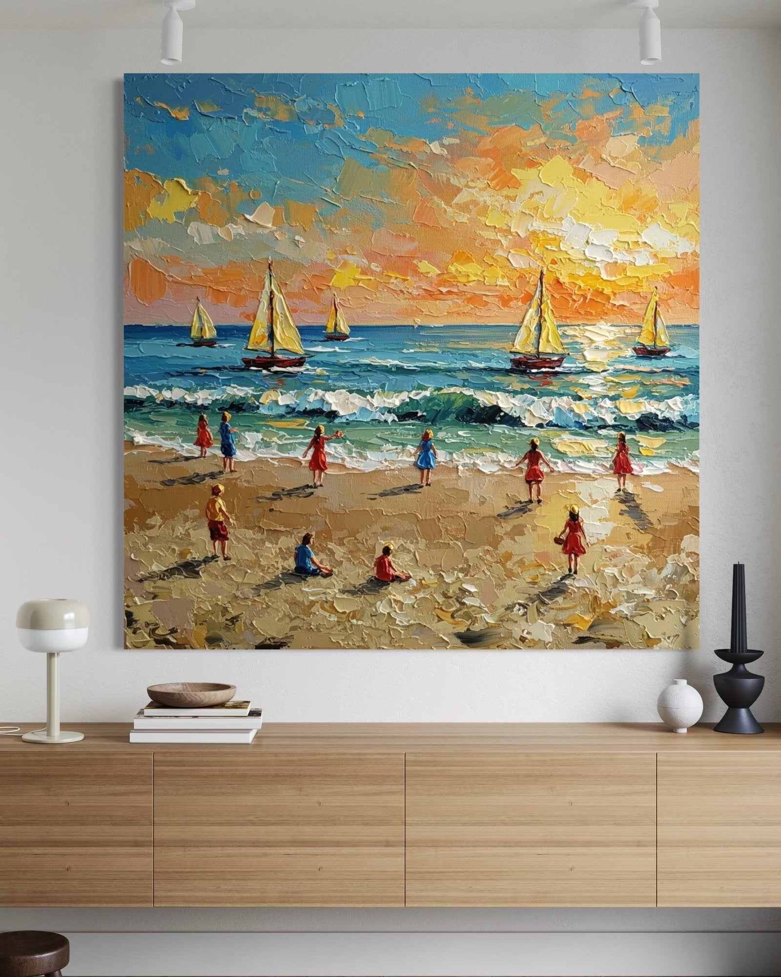 Golden Hour Play: A Vibrant Coastal Beach Canvas Painting