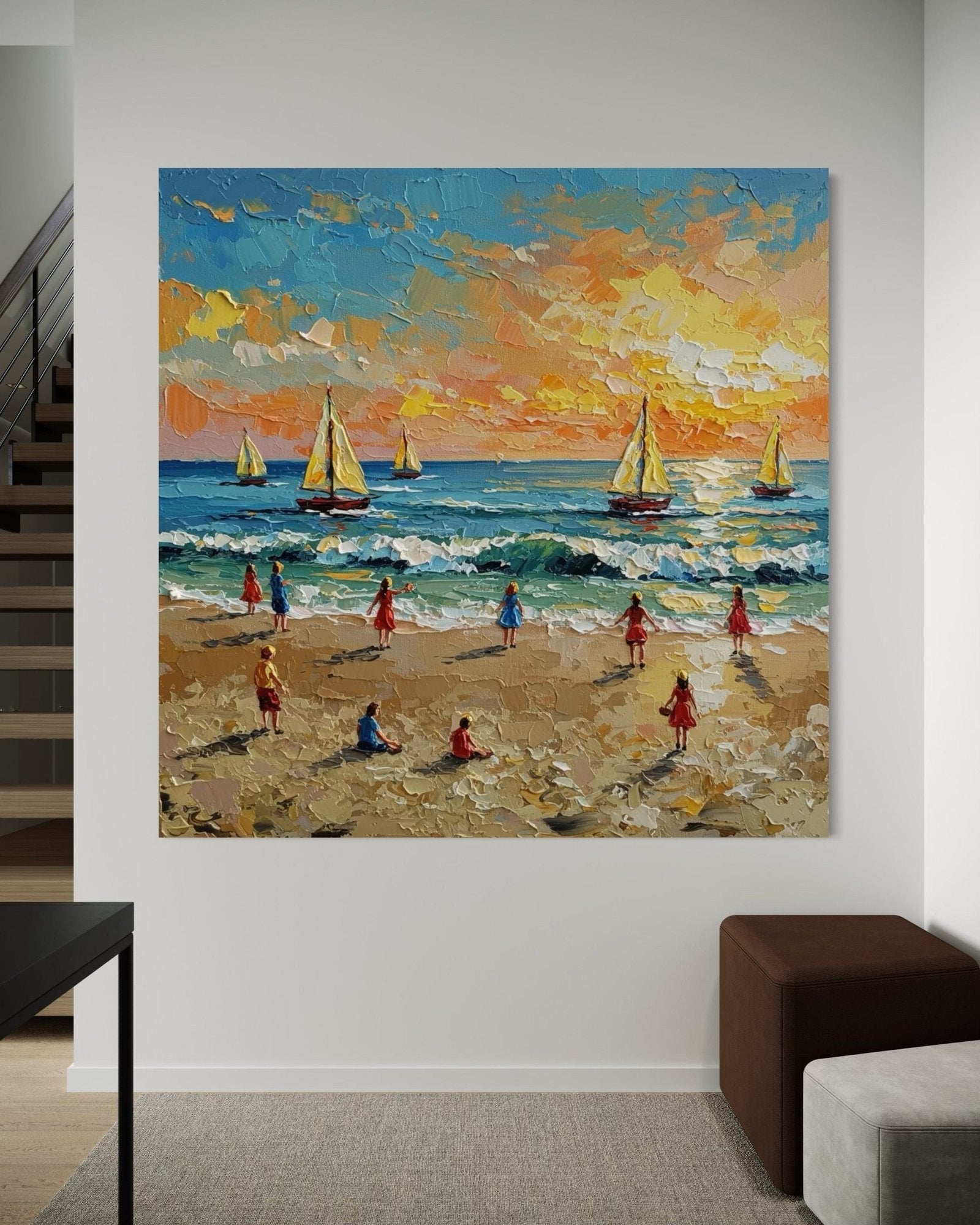 Golden Hour Play: A Vibrant Coastal Beach Canvas Painting
