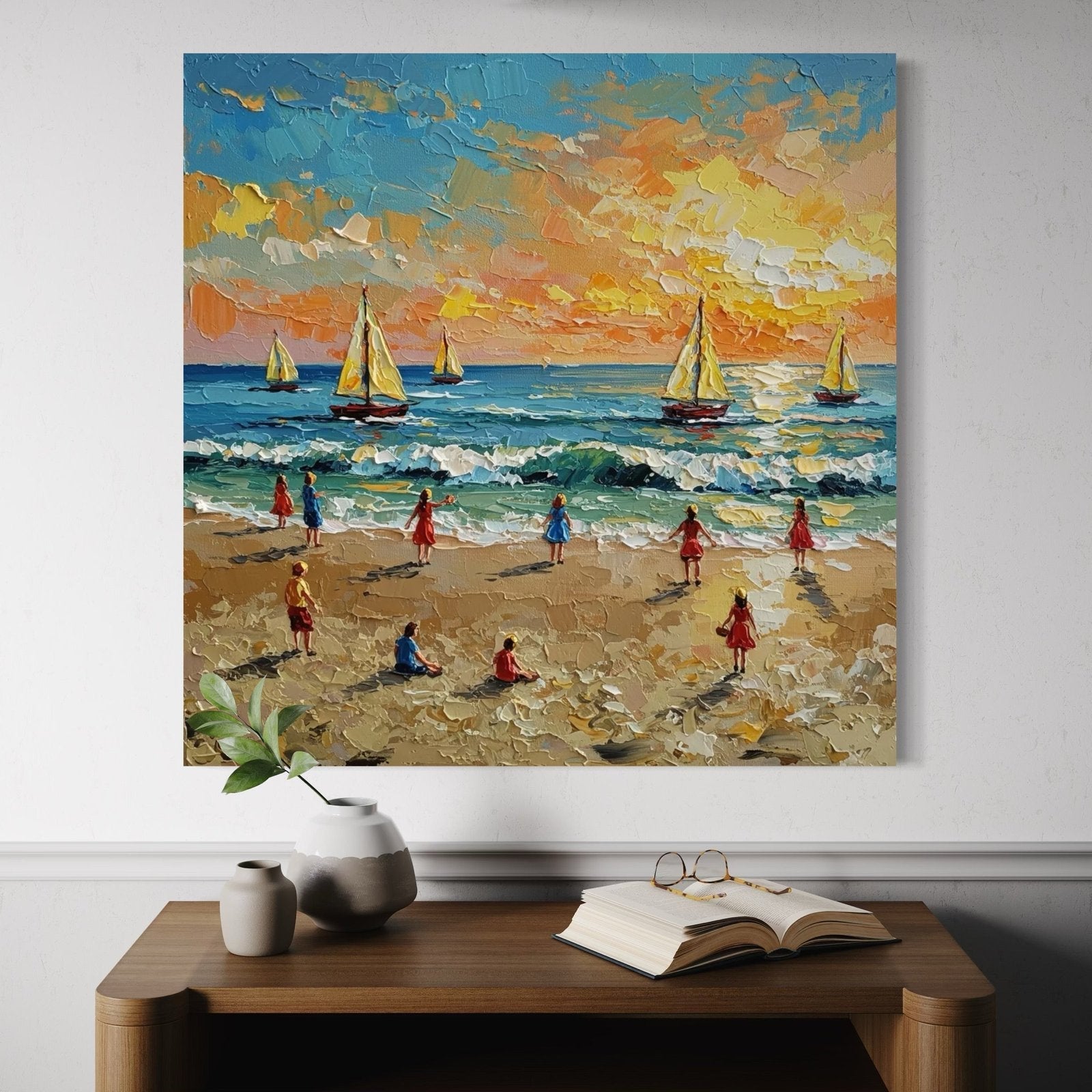 Golden Hour Play: A Vibrant Coastal Beach Canvas Painting