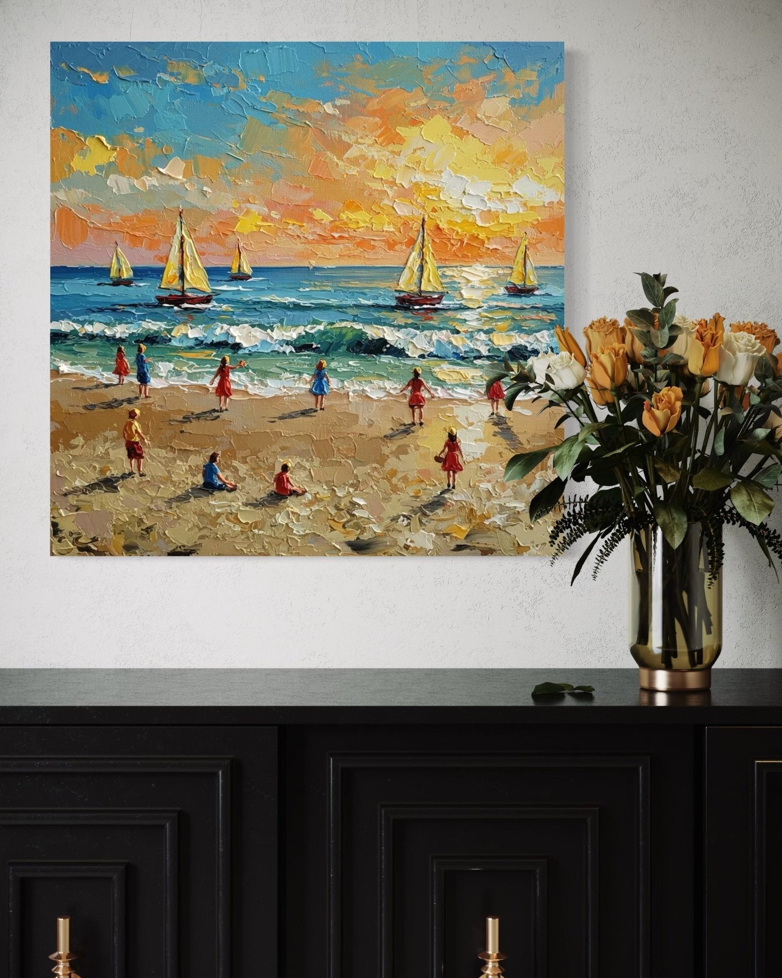 Golden Hour Play: A Vibrant Coastal Beach Canvas Painting