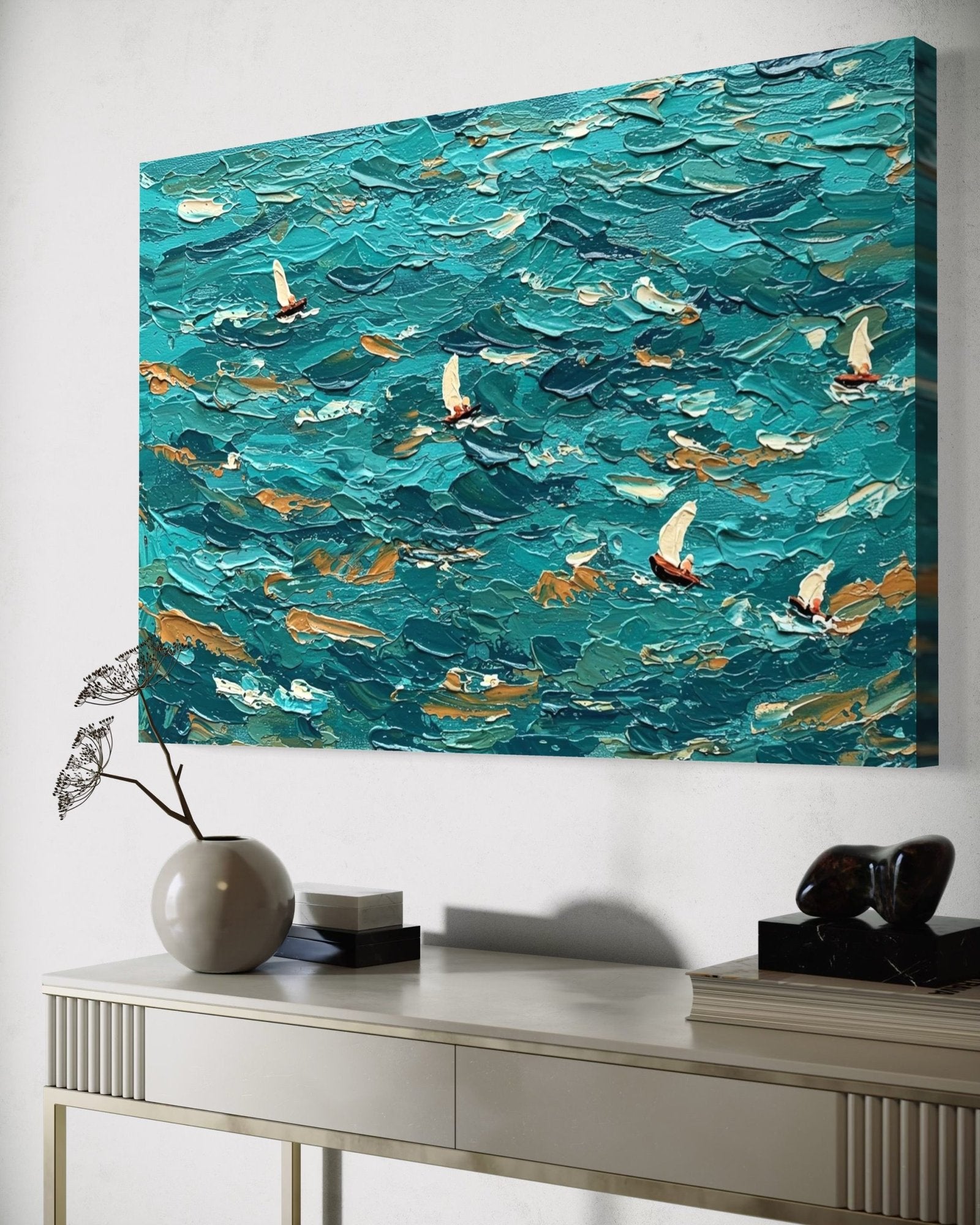 The Azure Fleet: A Textured Nautical Ocean Canvas Painting