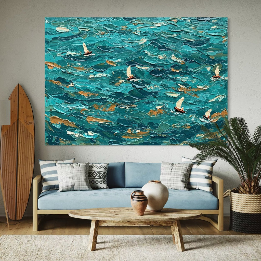 The Azure Fleet: A Textured Nautical Ocean Canvas Painting