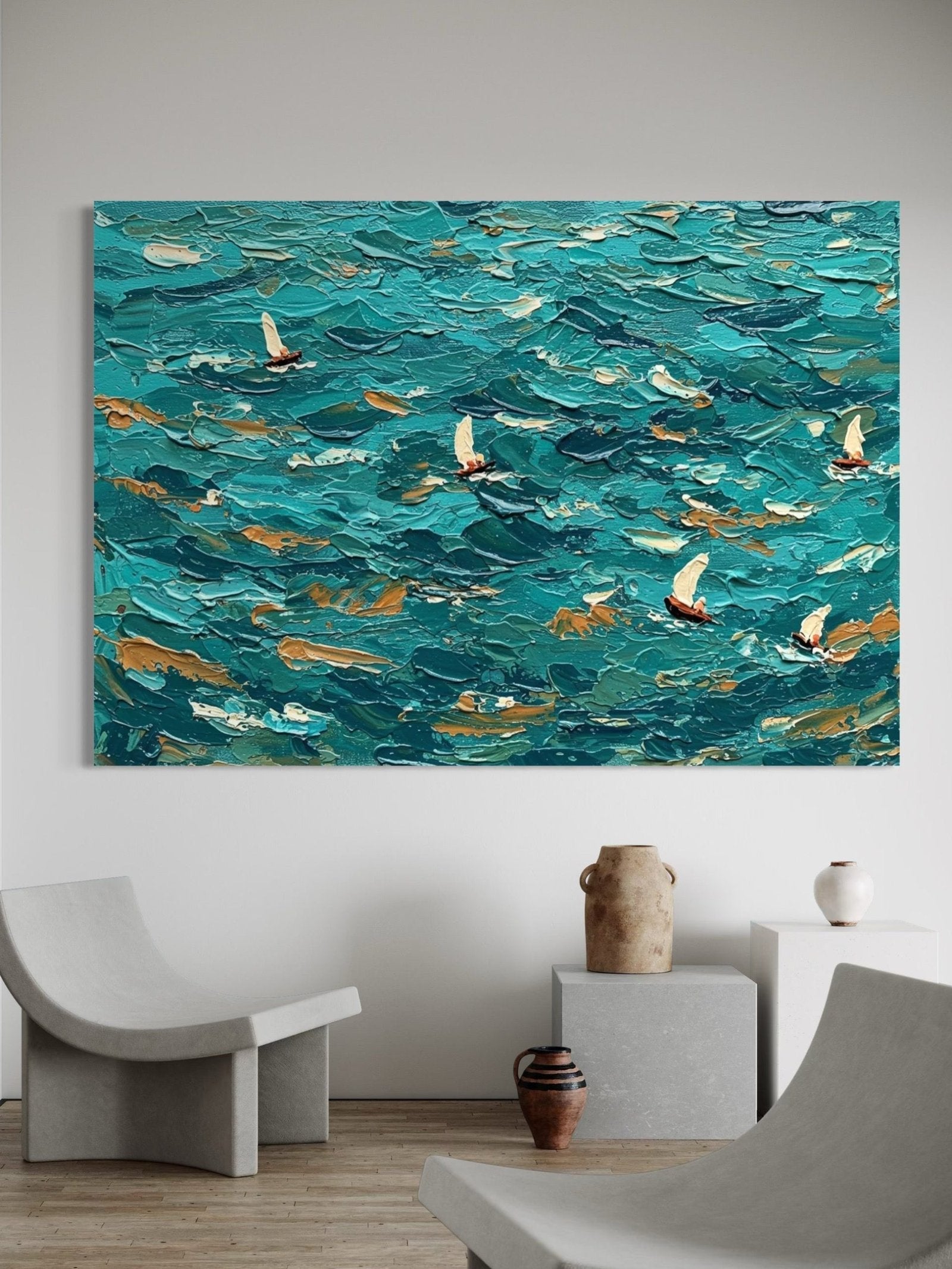 The Azure Fleet: A Textured Nautical Ocean Canvas Painting