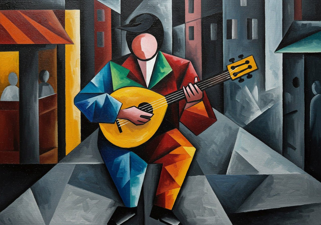 Cubist Serenade: A Geometric Music Wall Art for Living Room Decor