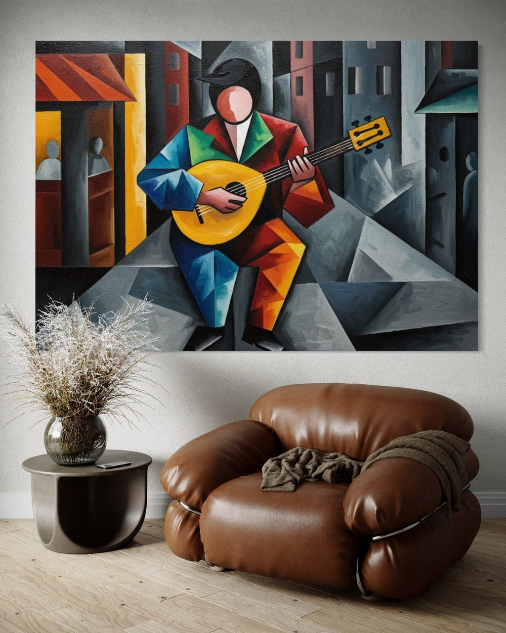 Cubist Serenade: A Geometric Music Wall Art for Living Room Decor