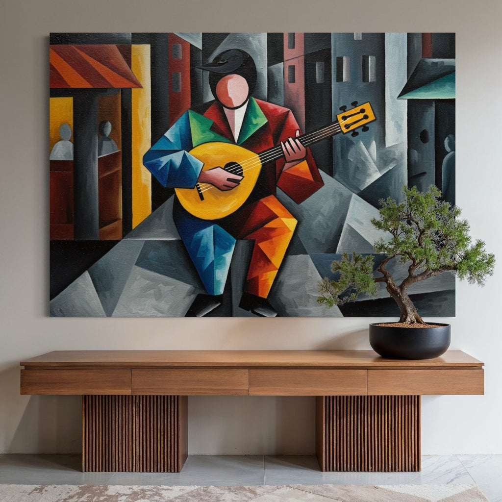 Cubist Serenade: A Geometric Music Wall Art for Living Room Decor