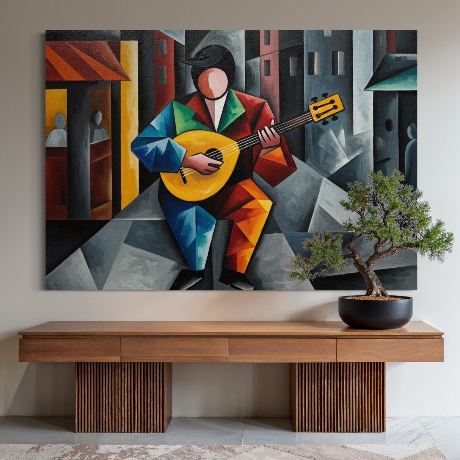Cubist Serenade: A Geometric Music Wall Art for Living Room Decor