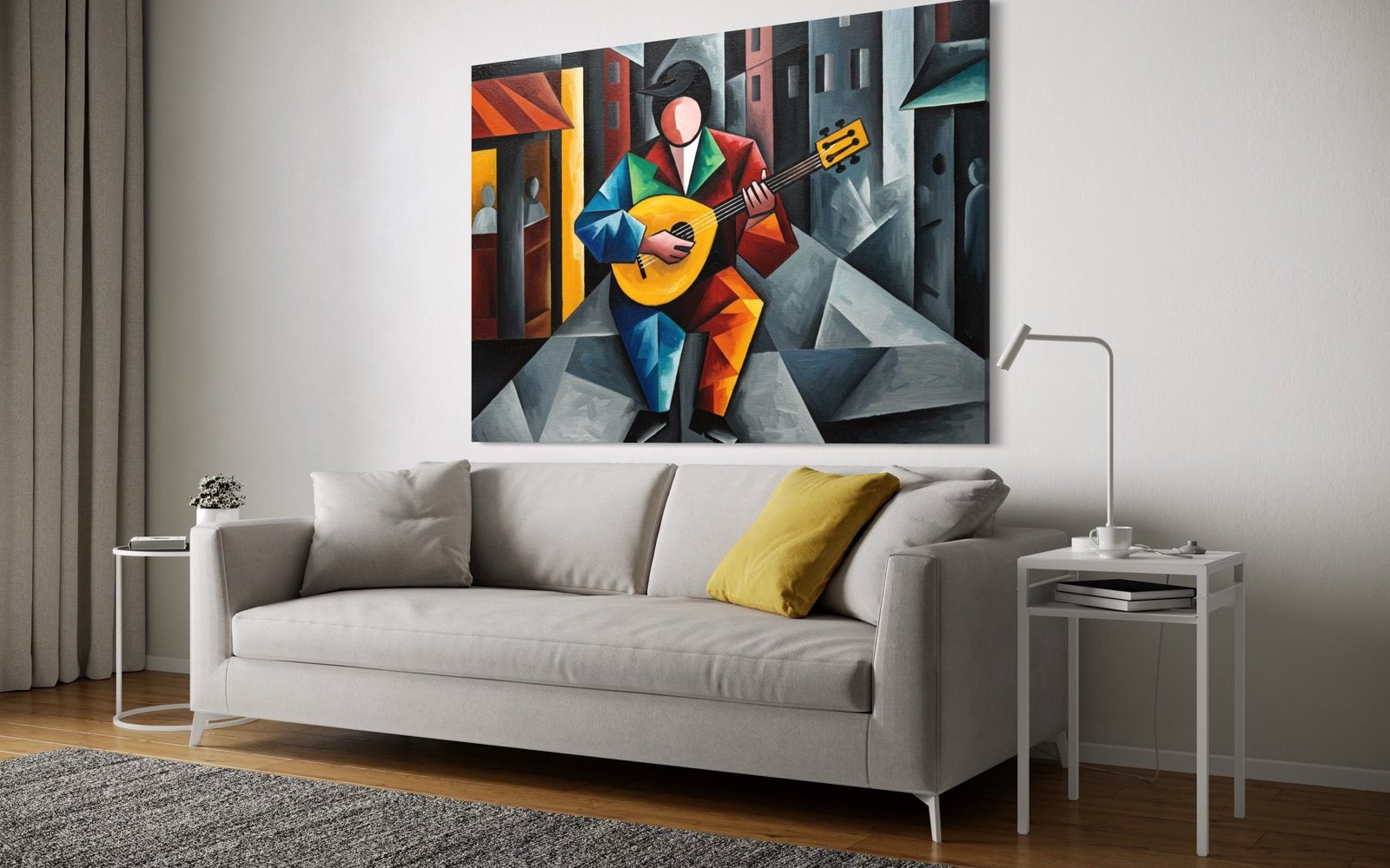 Cubist Serenade: A Geometric Music Wall Art for Living Room Decor