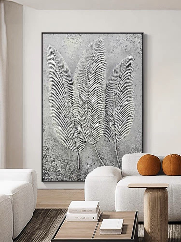 Whispers in Stone: A Sculptural Textured Botanical Feather Wall Art