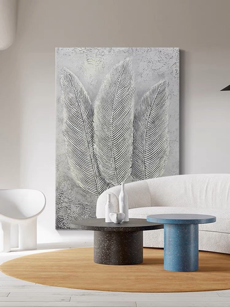 Whispers in Stone: A Sculptural Textured Botanical Feather Wall Art