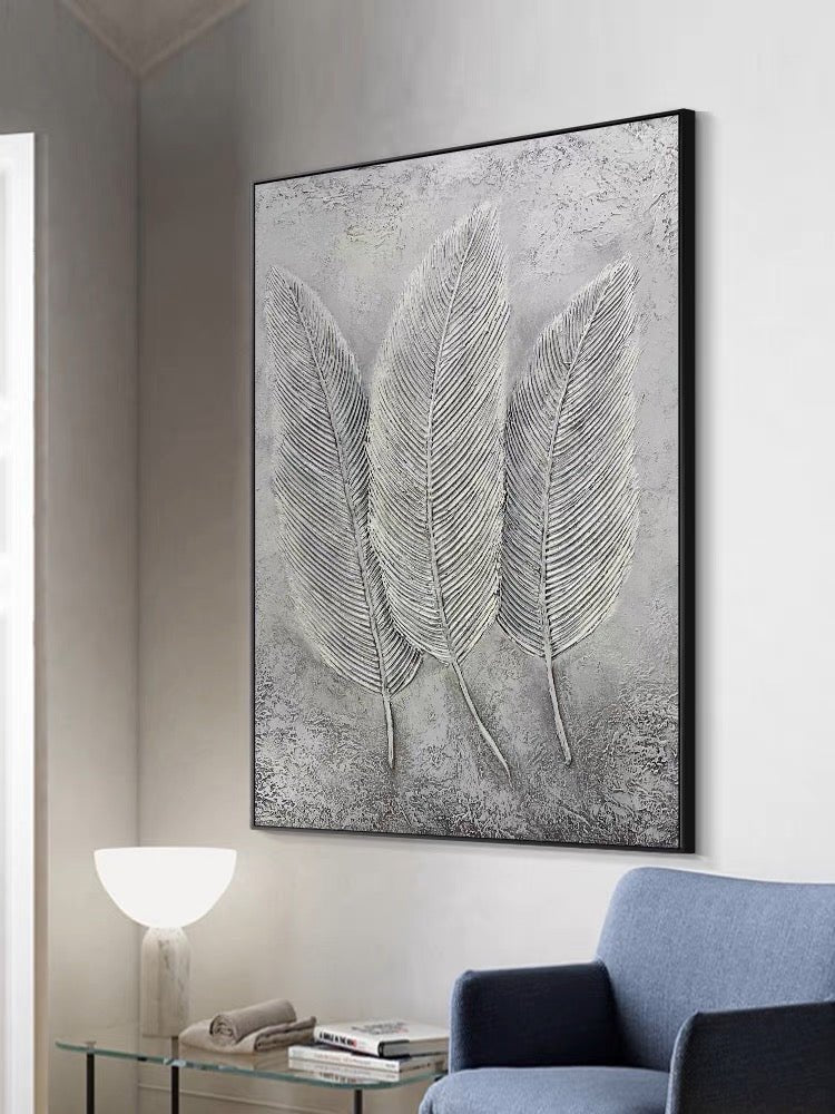 Whispers in Stone: A Sculptural Textured Botanical Feather Wall Art