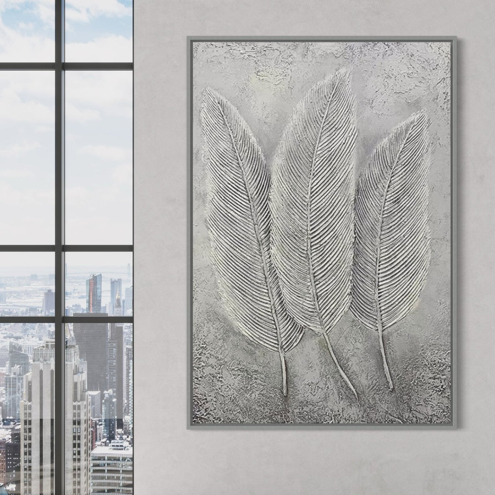 Whispers in Stone: A Sculptural Textured Botanical Feather Wall Art