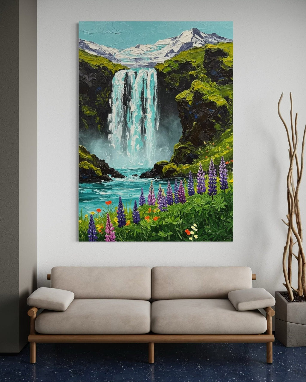 Eden's Cascade: A Vibrant Textured Landscape Canvas Painting of the Mountains