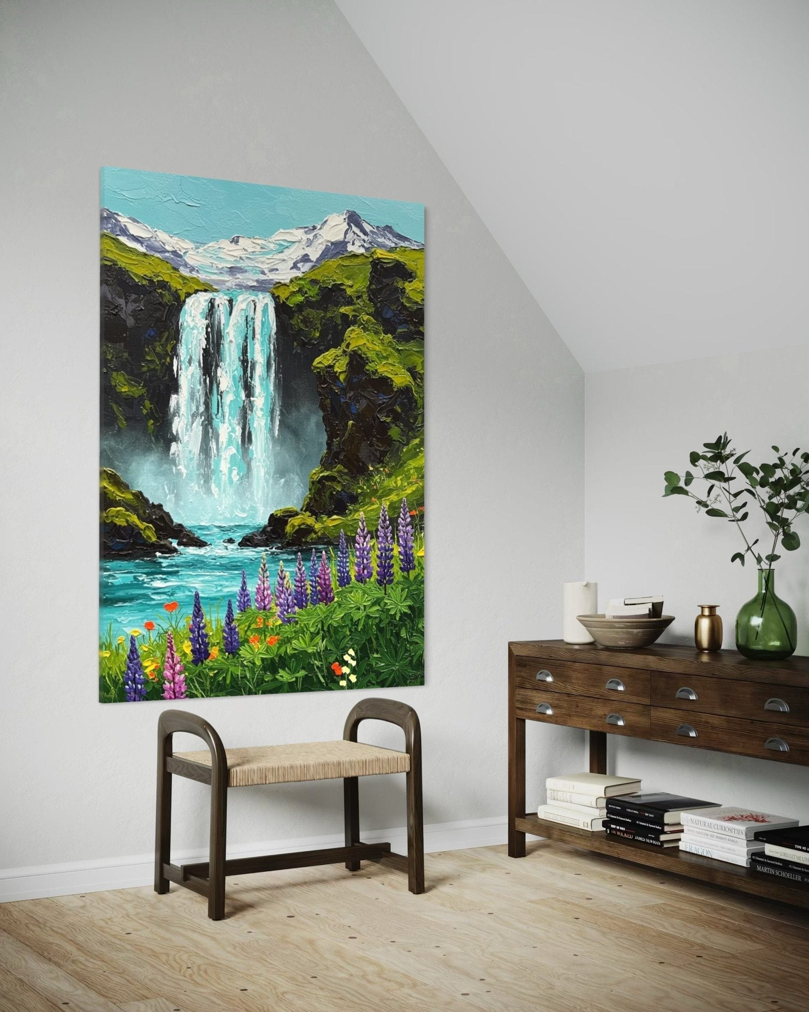 Eden's Cascade: A Vibrant Textured Landscape Canvas Painting of the Mountains