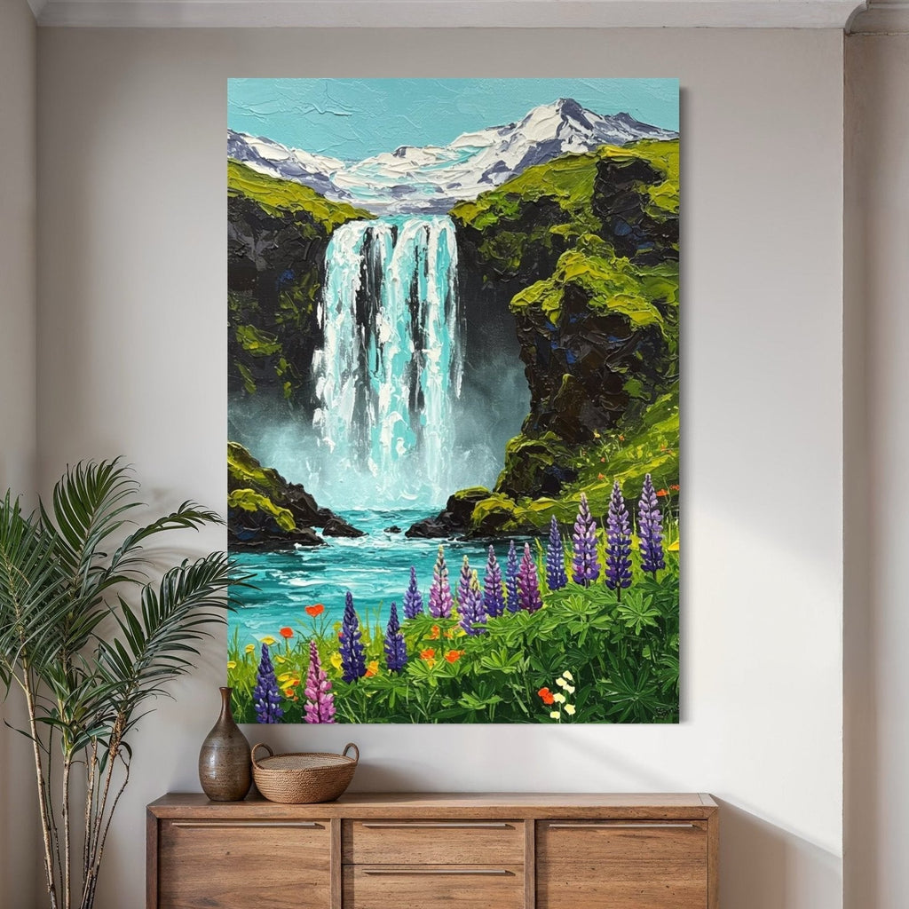 Eden's Cascade: A Vibrant Textured Landscape Canvas Painting of the Mountains