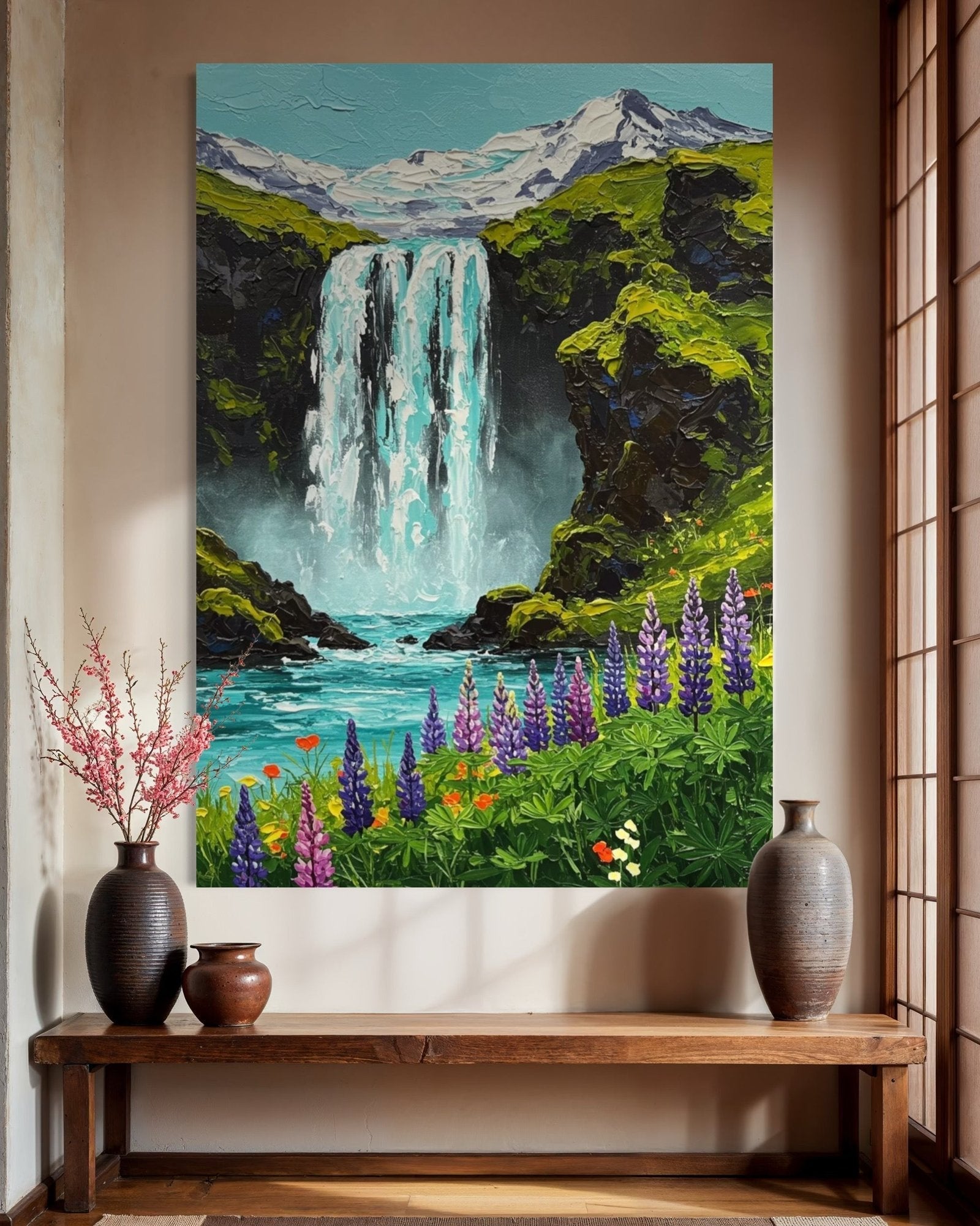 Eden's Cascade: A Vibrant Textured Landscape Canvas Painting of the Mountains