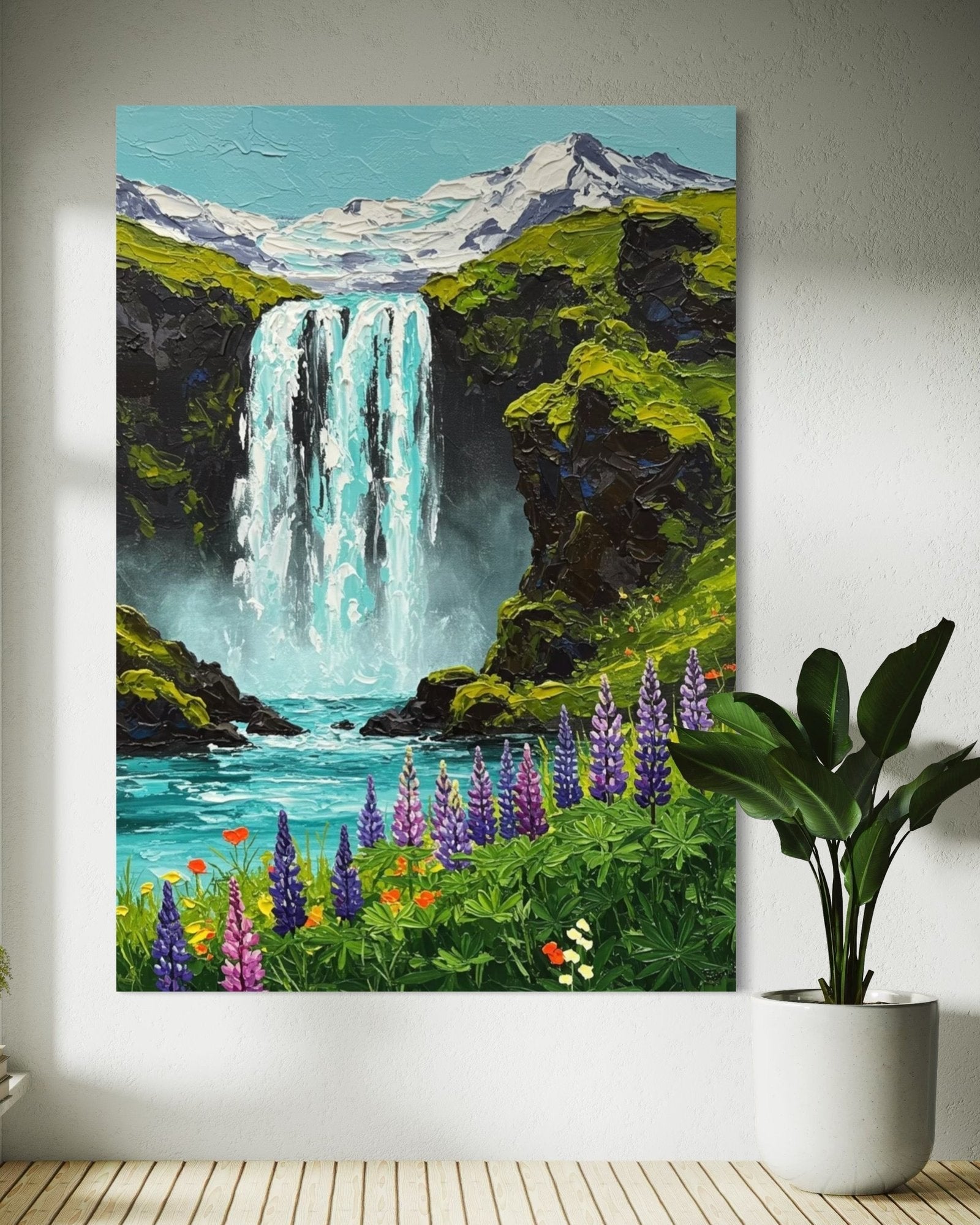 Eden's Cascade: A Vibrant Textured Landscape Canvas Painting of the Mountains