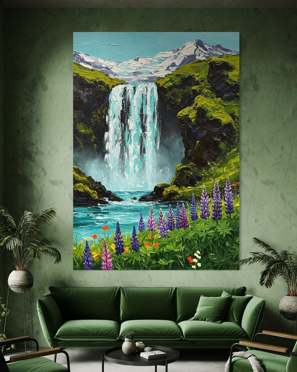 Eden's Cascade: A Vibrant Textured Landscape Canvas Painting of the Mountains