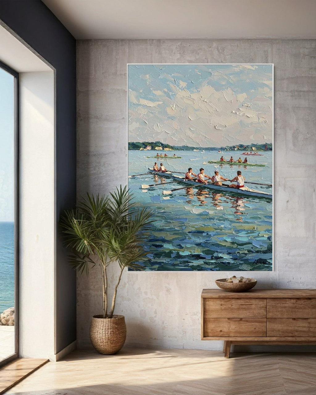 The Rhythm of the Oars: A Textured Sports & Rowing Canvas Painting