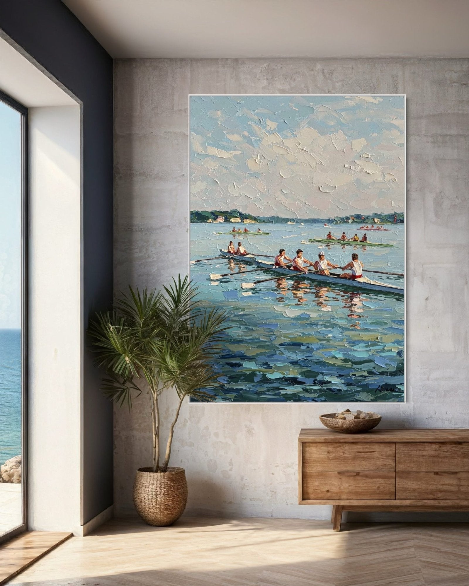 The Rhythm of the Oars: A Textured Sports & Rowing Canvas Painting