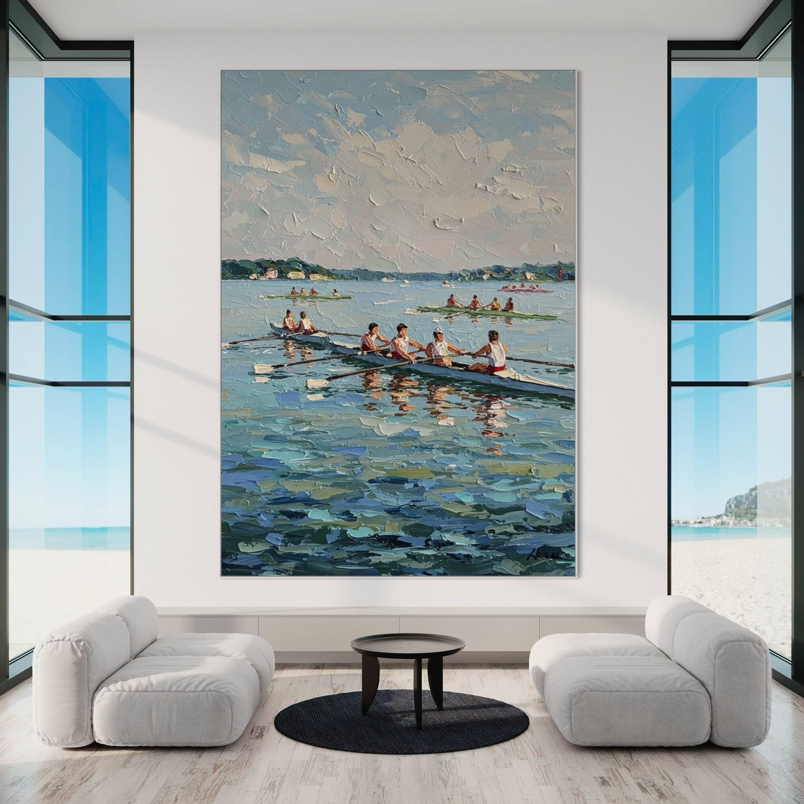 The Rhythm of the Oars: A Textured Sports & Rowing Canvas Painting