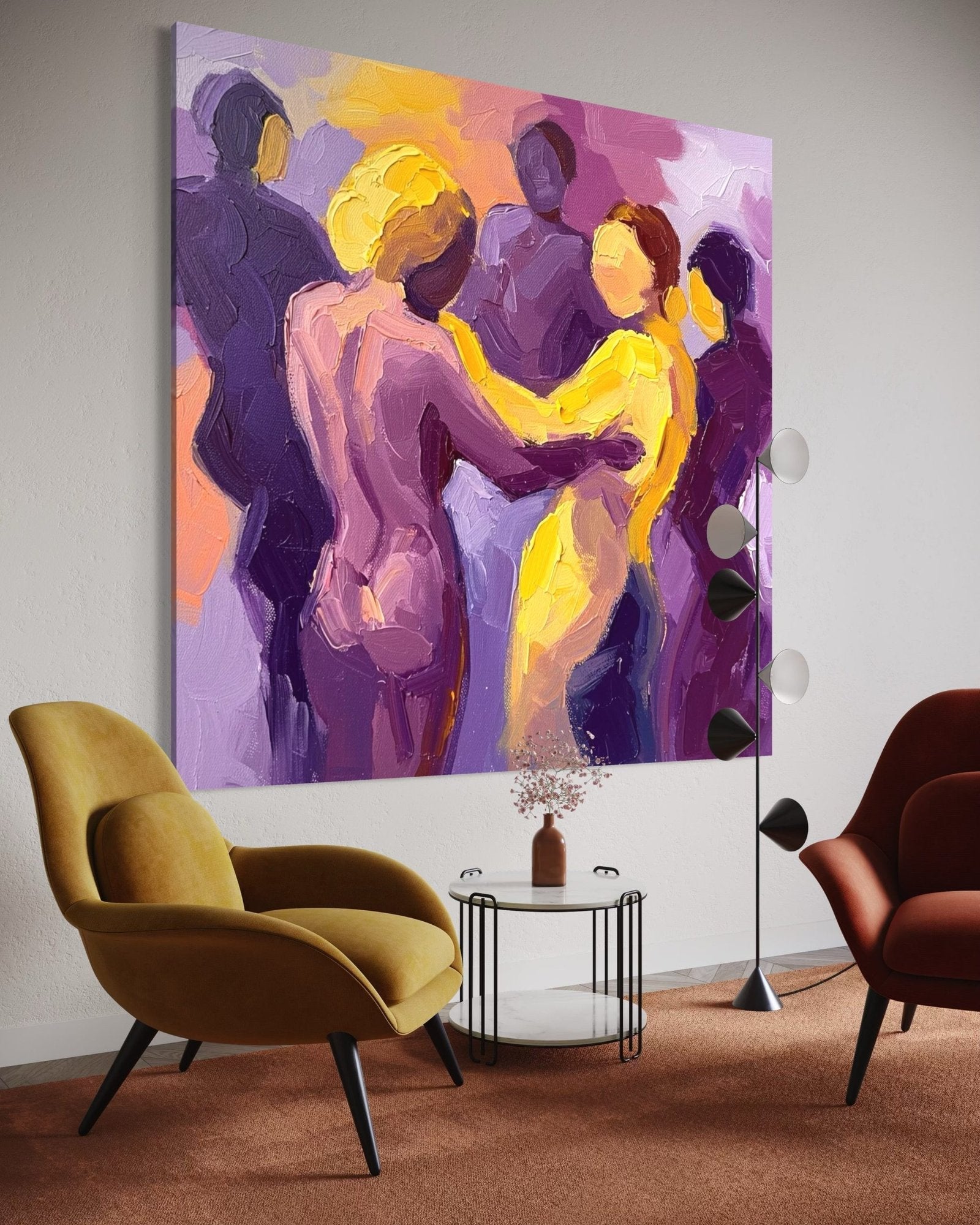 Golden Embrace: A Vibrant Contemporary Lovers Canvas Painting