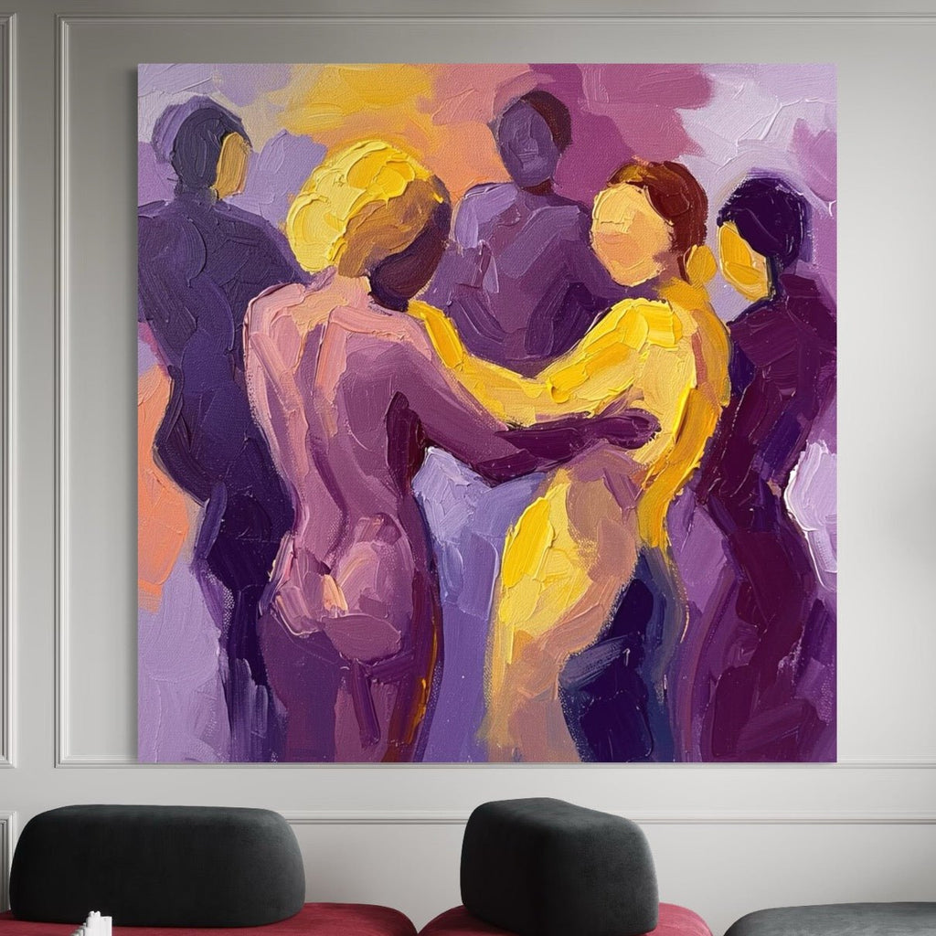 Golden Embrace: A Vibrant Contemporary Lovers Canvas Painting
