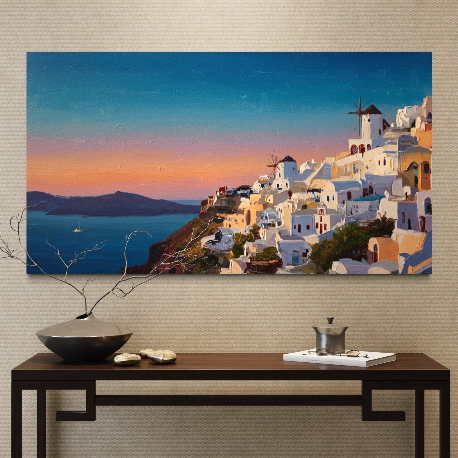 Aegean Sunset: A Serene Coastal Wall Art for Dining Room Decor