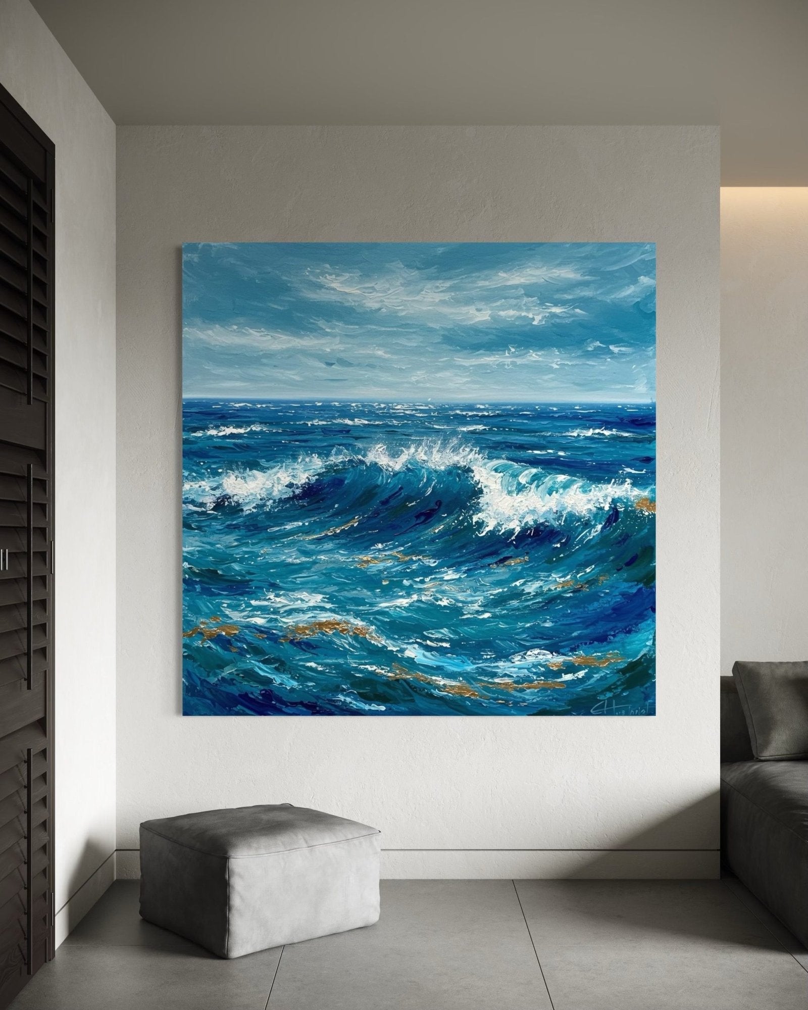 Sapphire Surge: A Textured Coastal Ocean Canvas Painting with Gold Accents