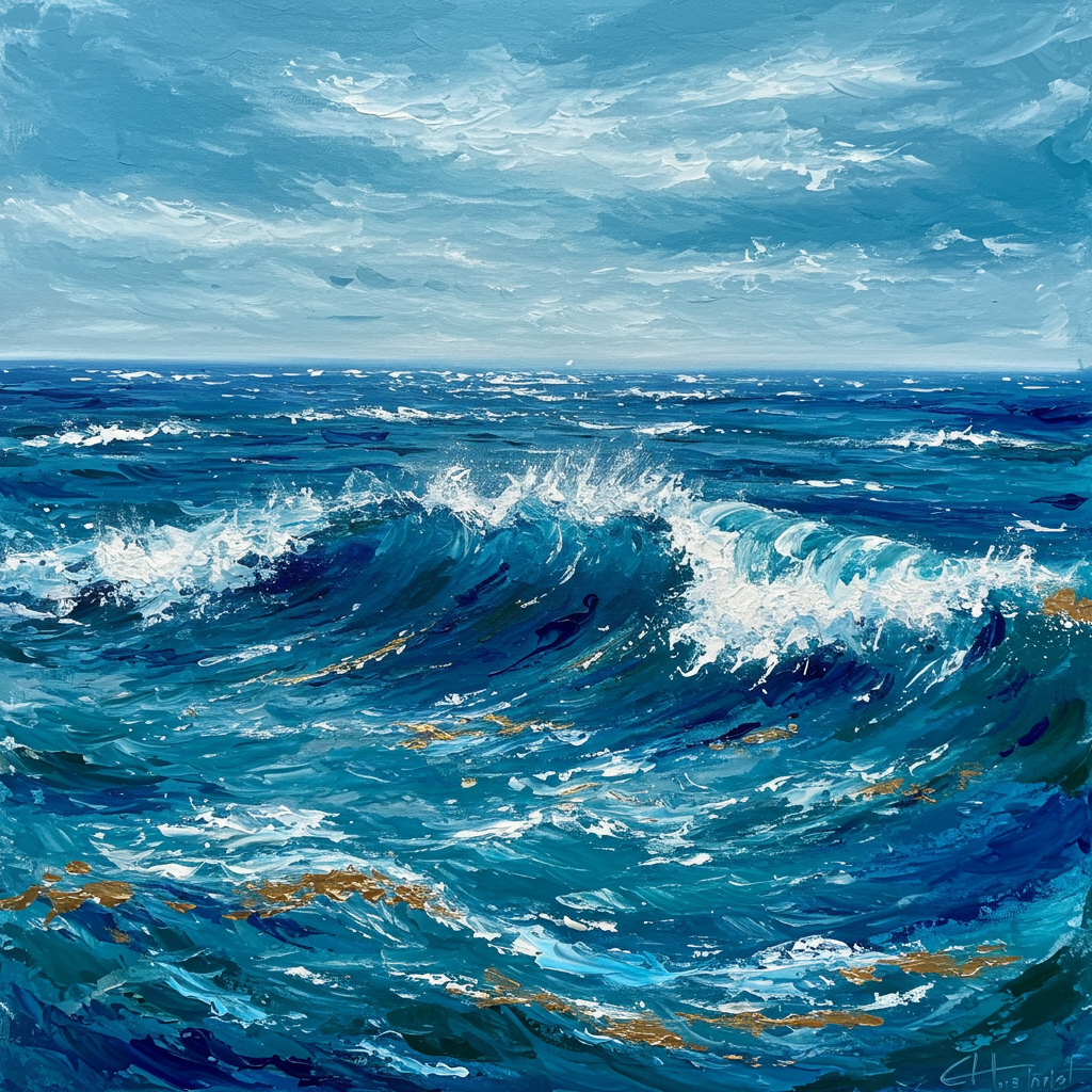 Sapphire Surge: A Textured Coastal Ocean Canvas Painting with Gold Accents
